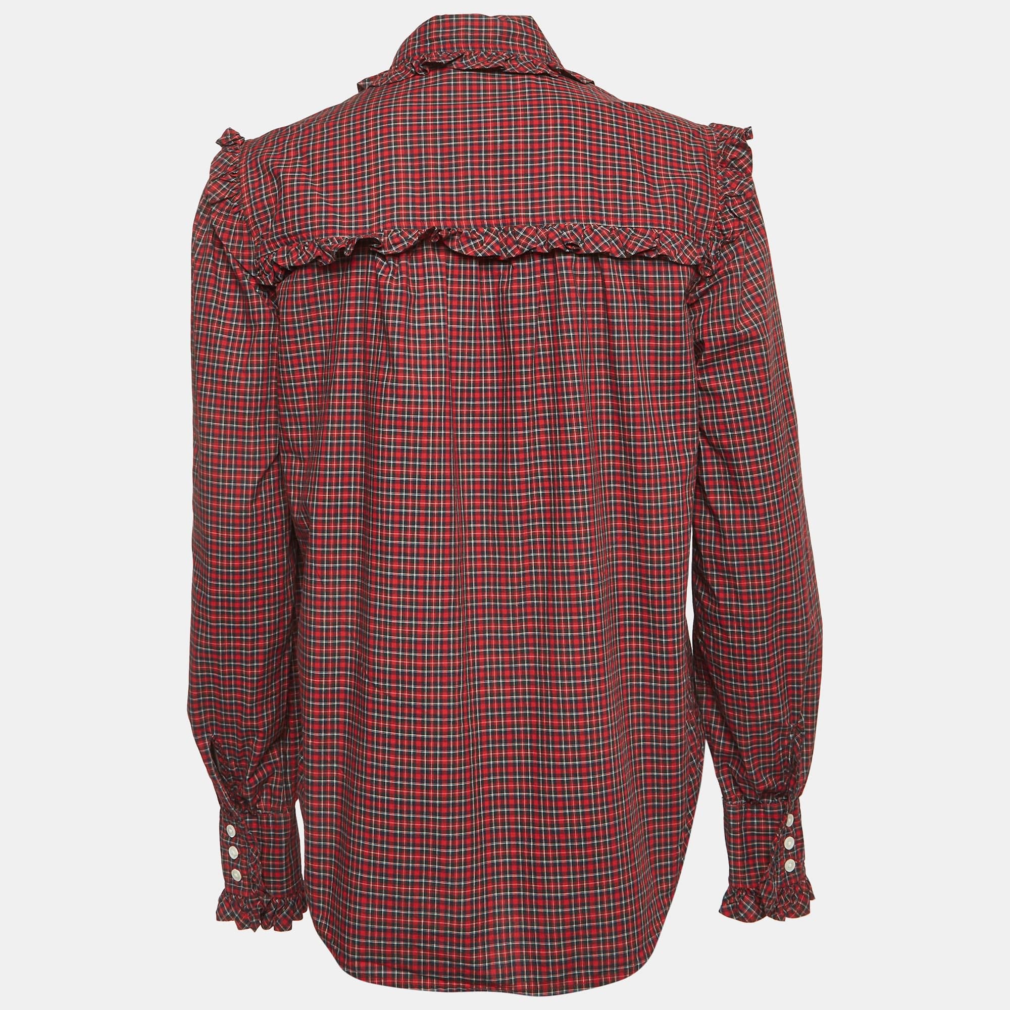 Polo Ralph Lauren Red Plaid Cotton Ruffle Trim Shirt