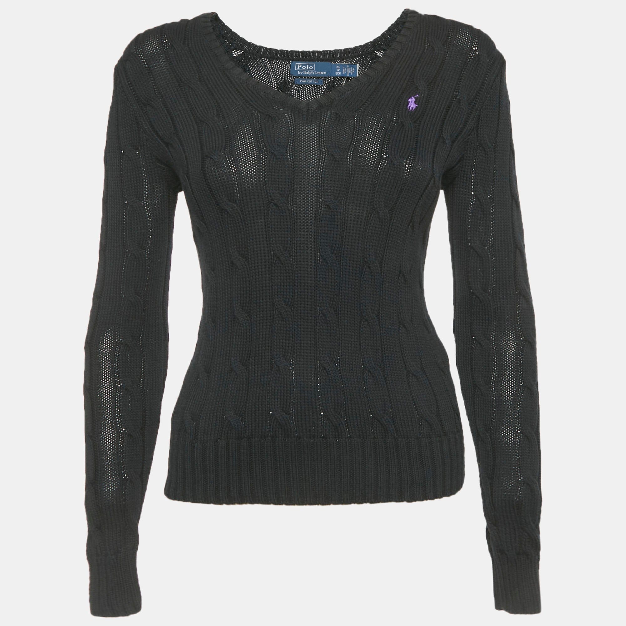 Polo Ralph Lauren Black Cable Knit V - Neck Sweater
