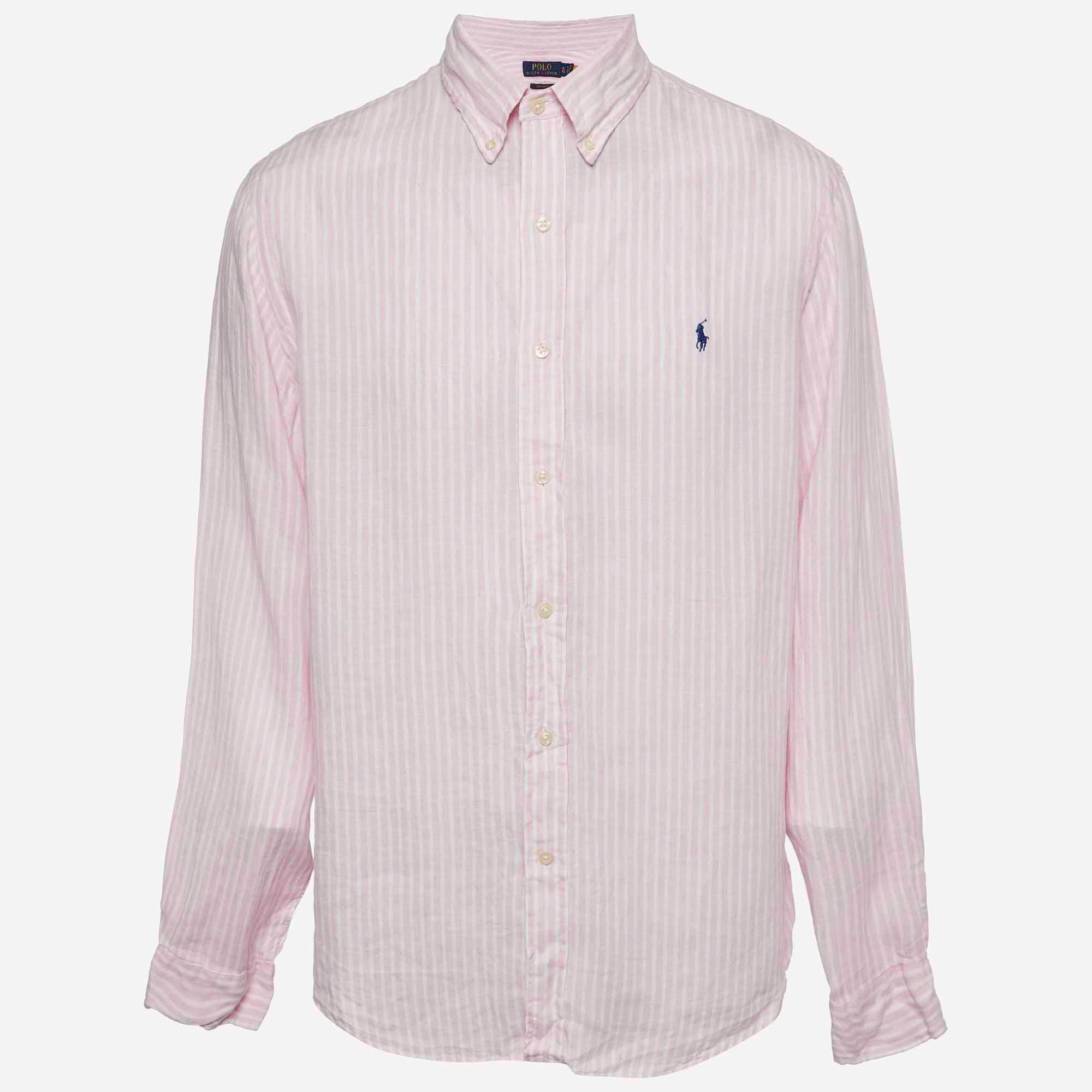 Polo Ralph Lauren Pink Stripe Linen Custom Fit Shirt