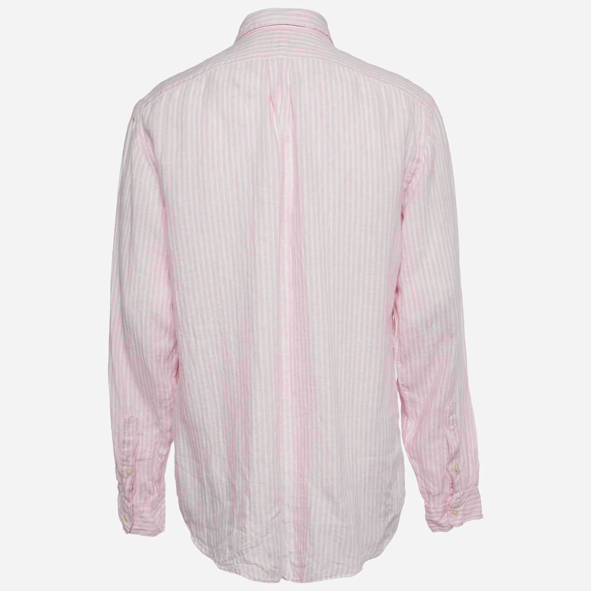 Polo Ralph Lauren Pink Stripe Linen Custom Fit Shirt