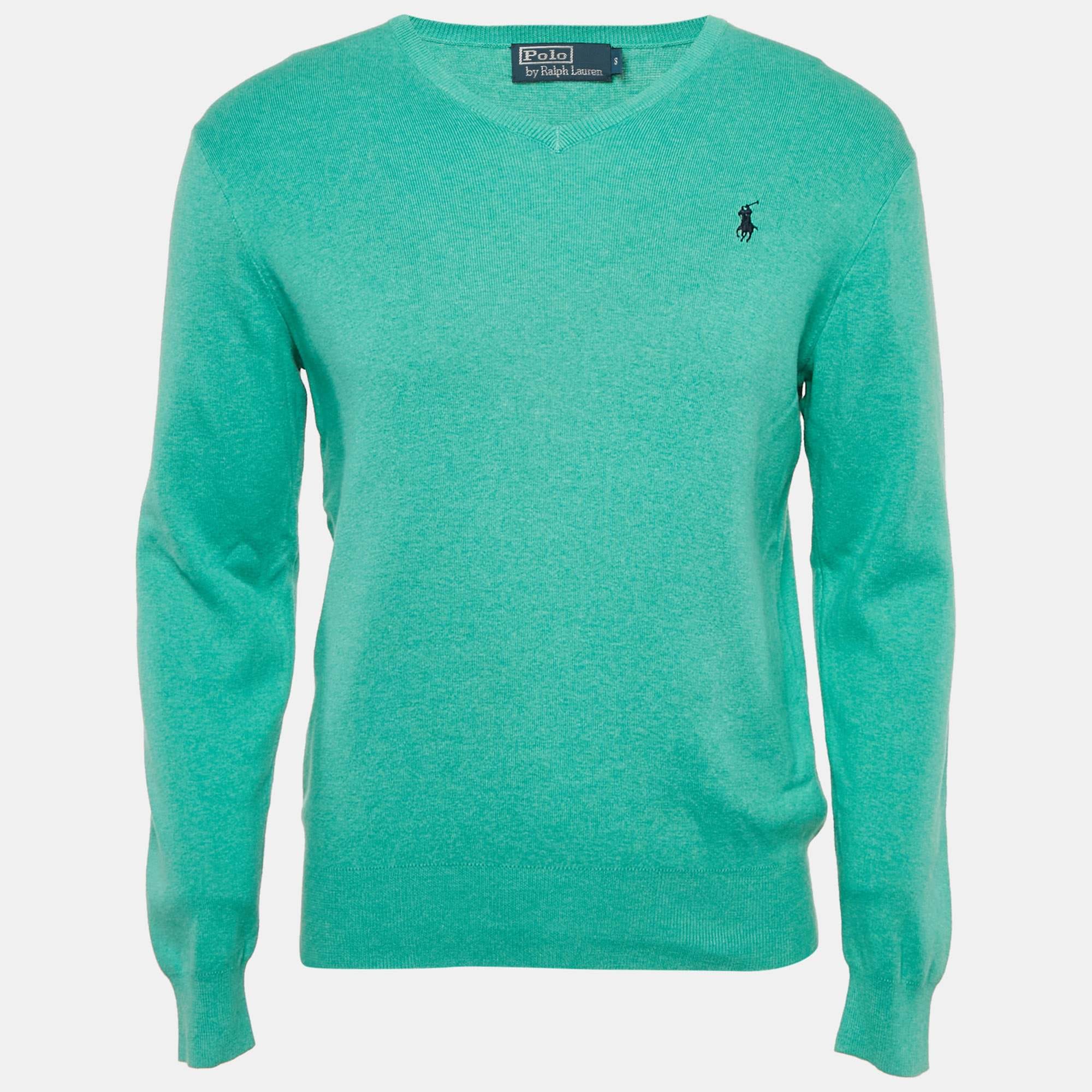 Polo Ralph Lauren Green Cotton Knit V - Neck Sweater