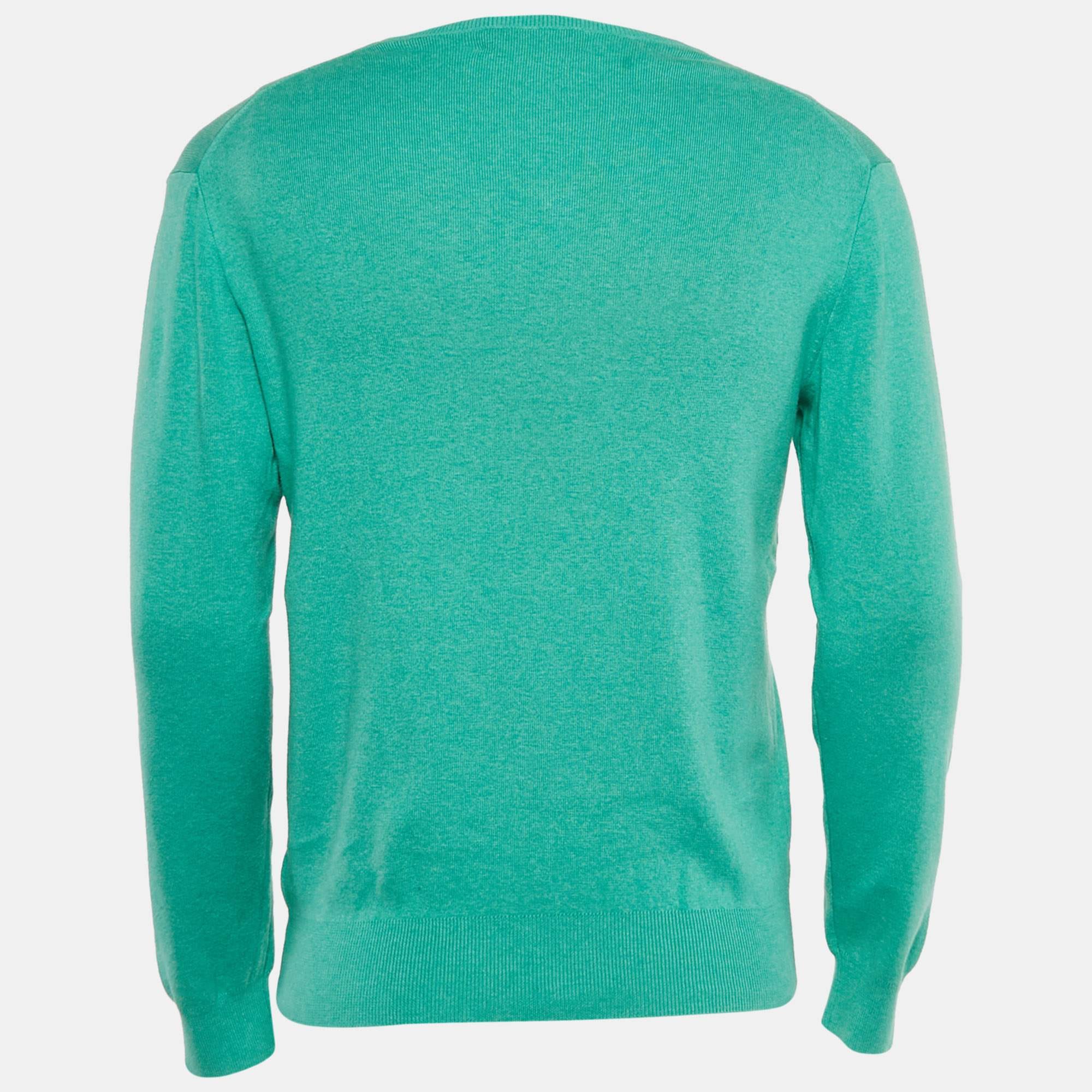 Polo Ralph Lauren Green Cotton Knit V - Neck Sweater