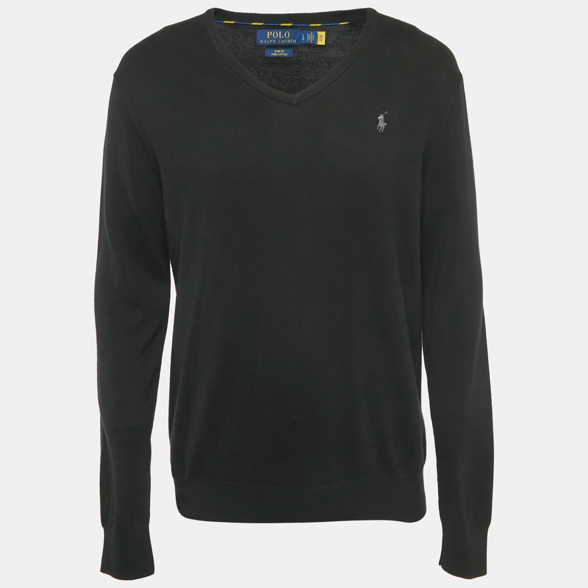 Polo Ralph Lauren Black Logo Embroidered Cotton V - Neck Sweater