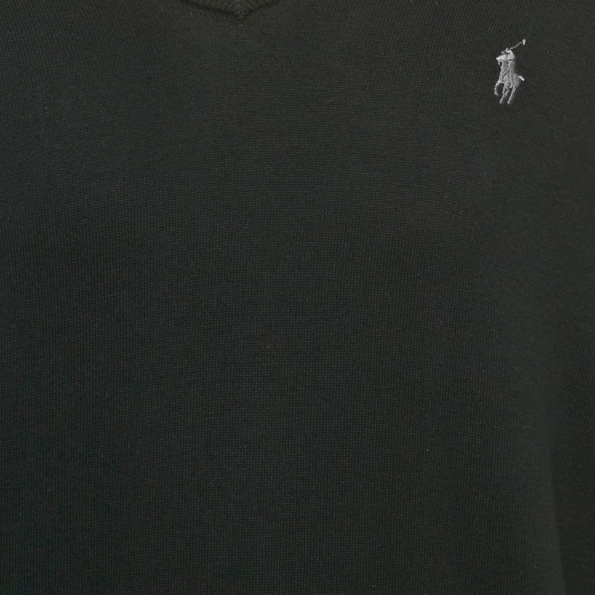 Polo Ralph Lauren Black Logo Embroidered Cotton V - Neck Sweater