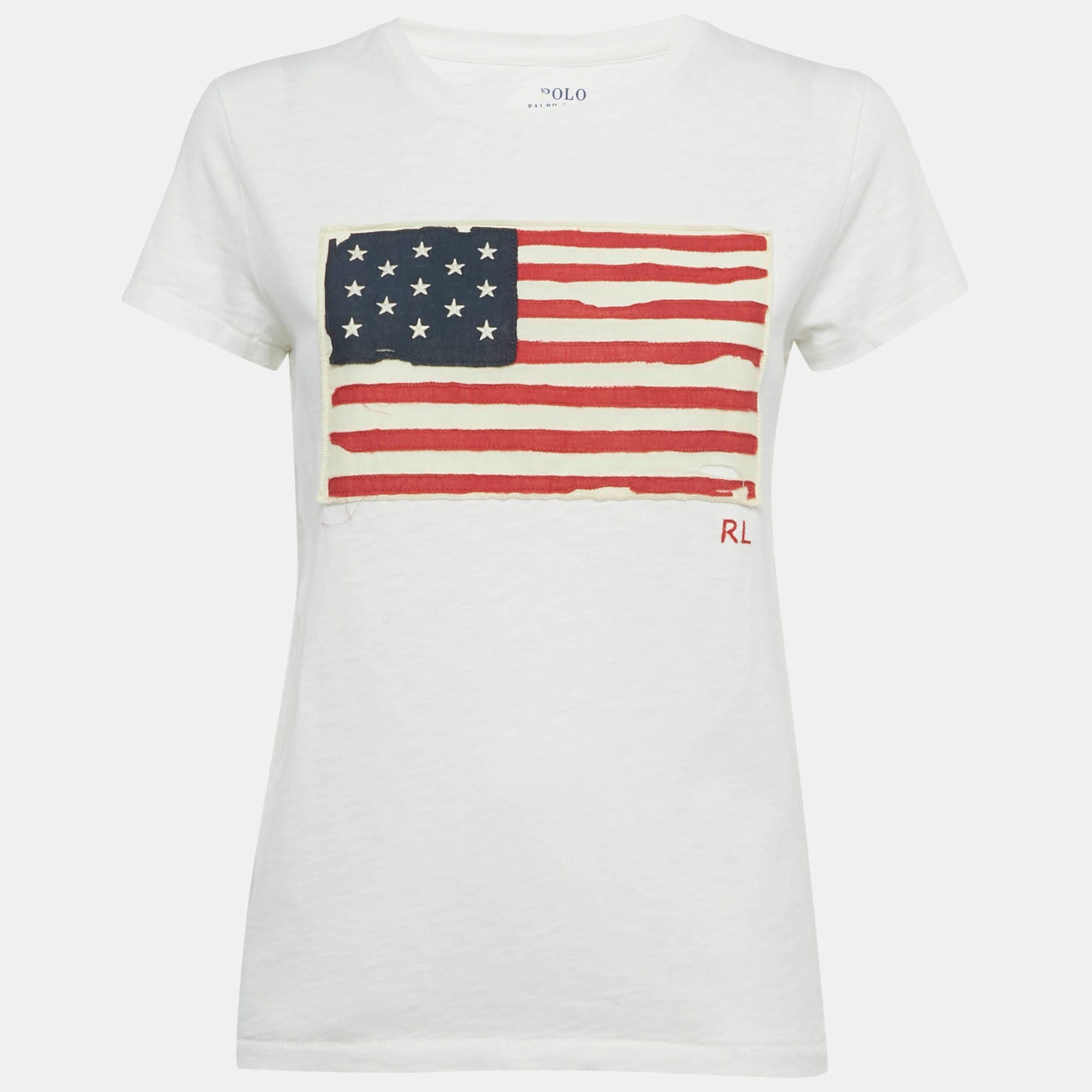 Polo Ralph Lauren White American Flag Applique Cotton T - Shirt