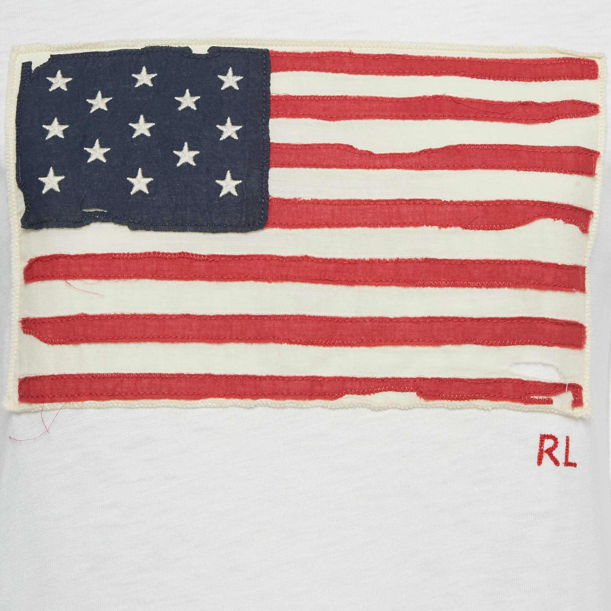 Polo Ralph Lauren White American Flag Applique Cotton T - Shirt