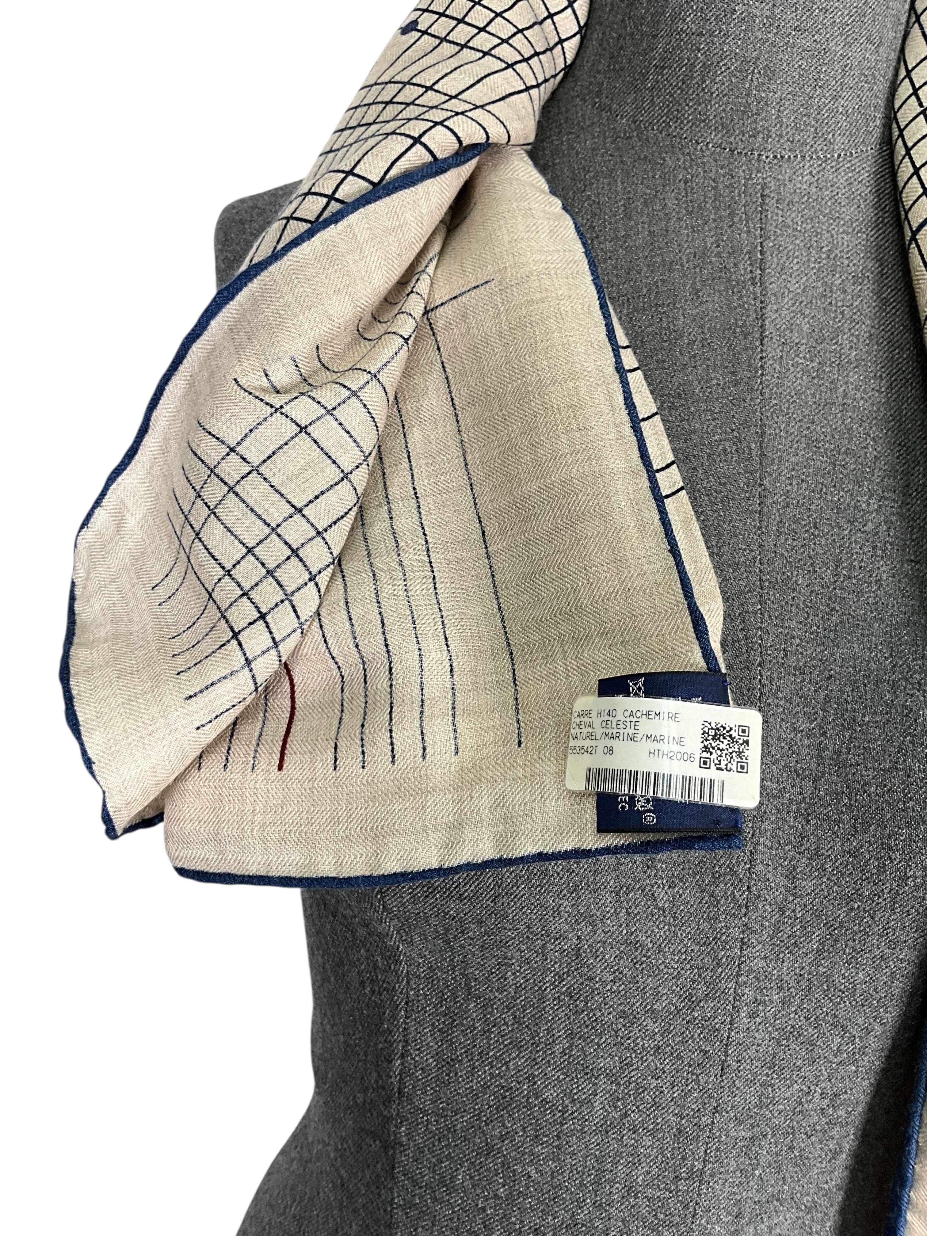 HERMES Cashmere Silk Cheval Celeste Shawl 140 NEW