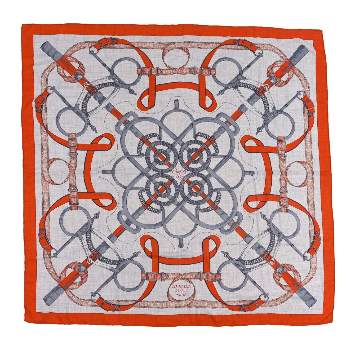 Hermes Cashmere Silk Eperon D'Or Shawl 140 Orange Gris Chine