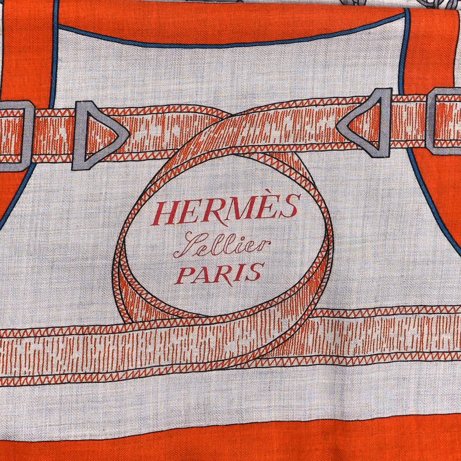 Hermes Cashmere Silk Eperon D'Or Shawl 140 Orange Gris Chine