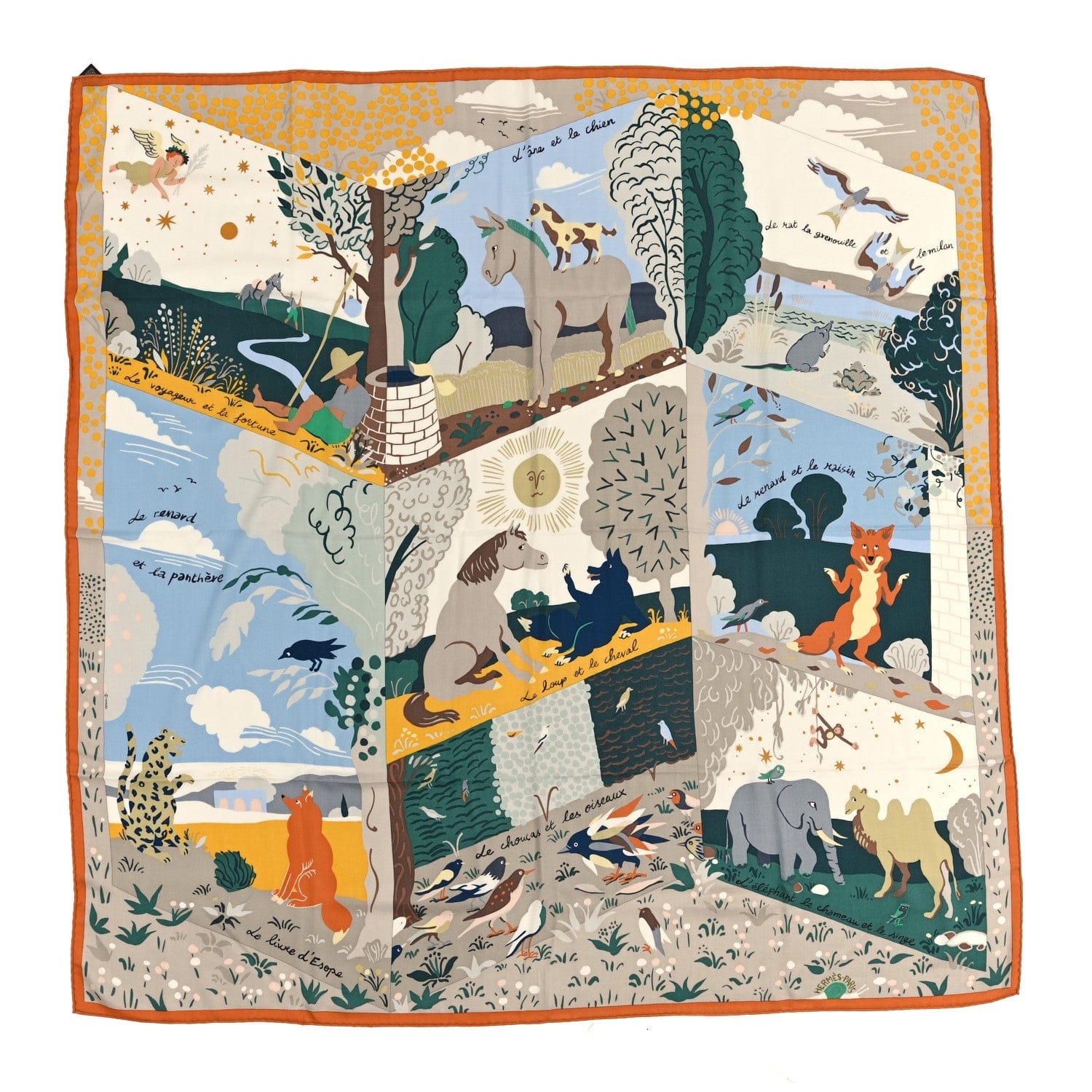 Hermes Cashmere Silk Le Livre D'Esope Shawl 140 Orange Vert Bleu Ciel