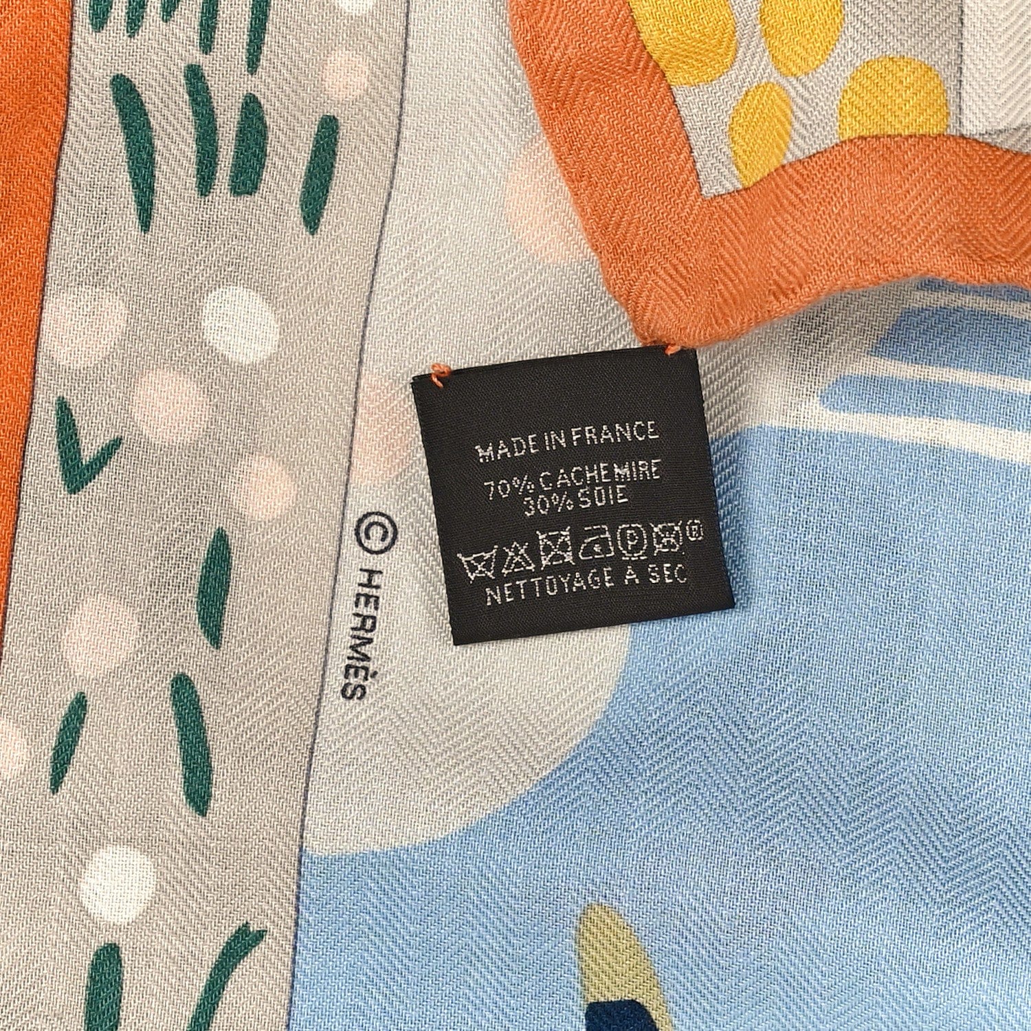 Hermes Cashmere Silk Le Livre D'Esope Shawl 140 Orange Vert Bleu Ciel