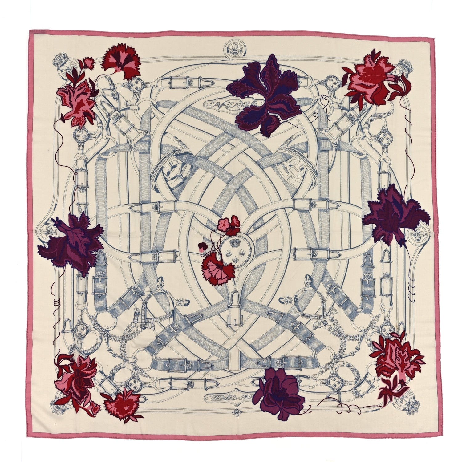 Hermes Cashmere Silk Cavalcadour Shawl 140 Blanc Violet Rose