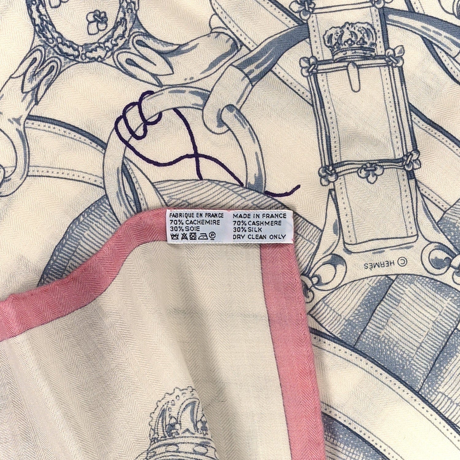 Hermes Cashmere Silk Cavalcadour Shawl 140 Blanc Violet Rose
