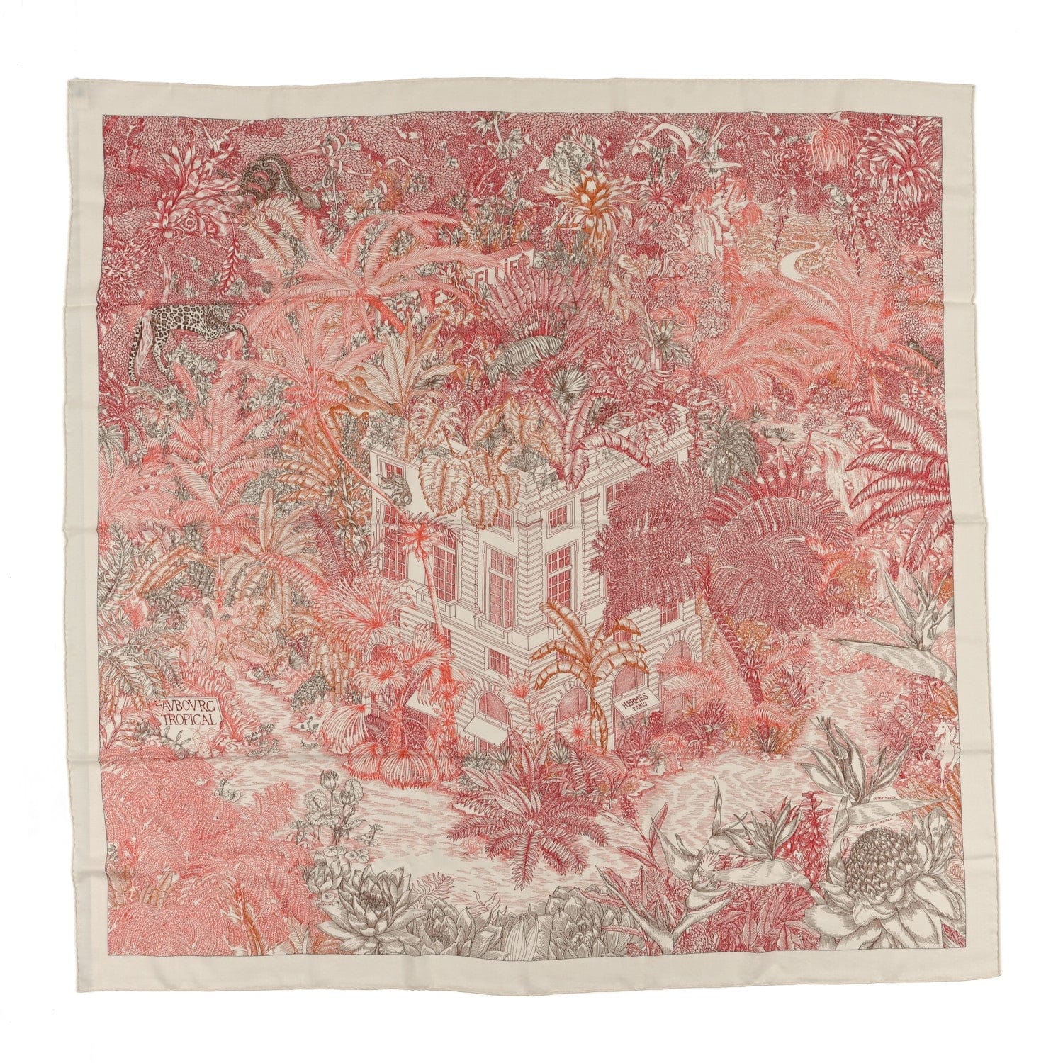 Hermes Cashmere Silk Faubourg Tropical Shawl 140 White Rouge Corail