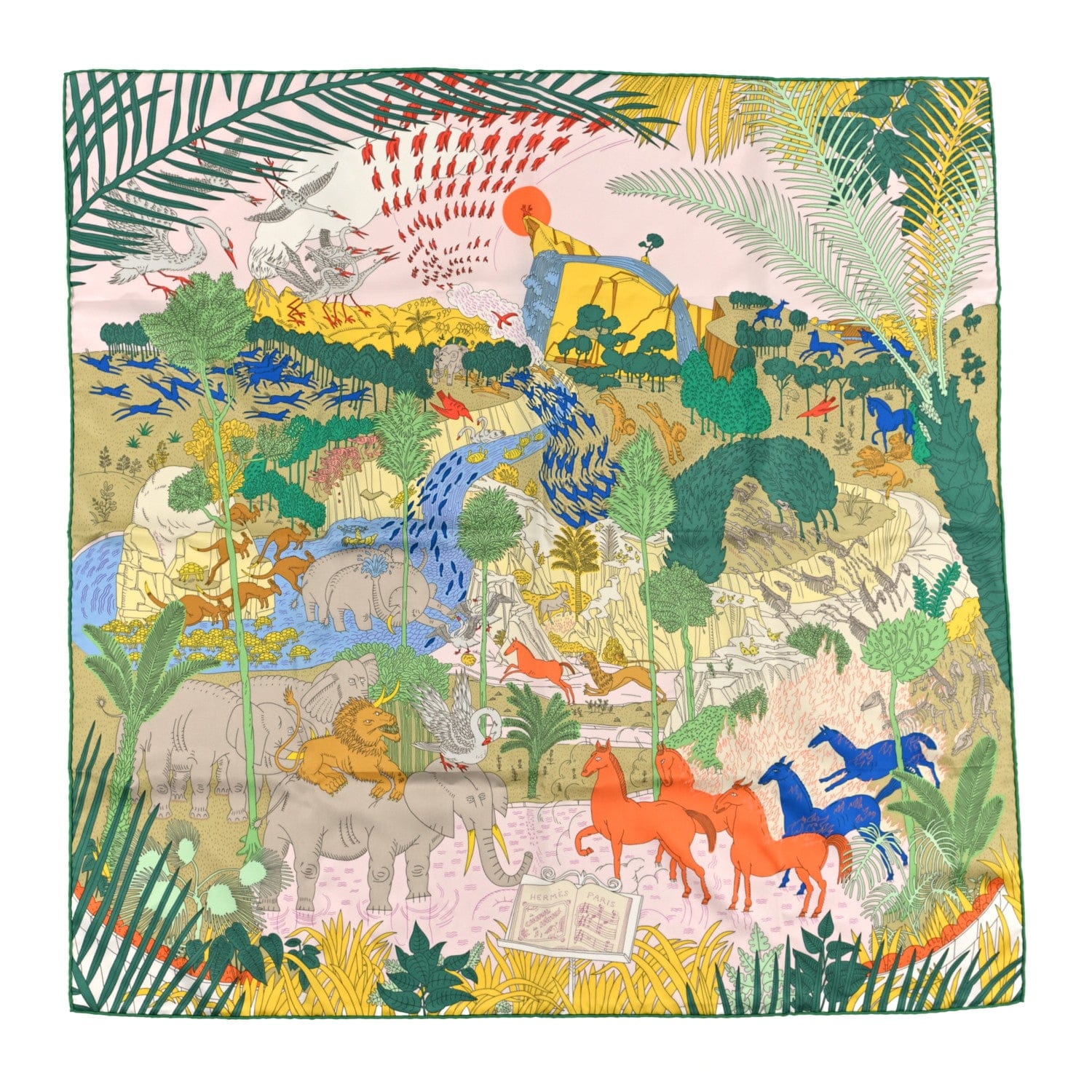 Hermes Silk Le Carnaval des Animaux Scarf 90 Rose Pale Vert Jaune