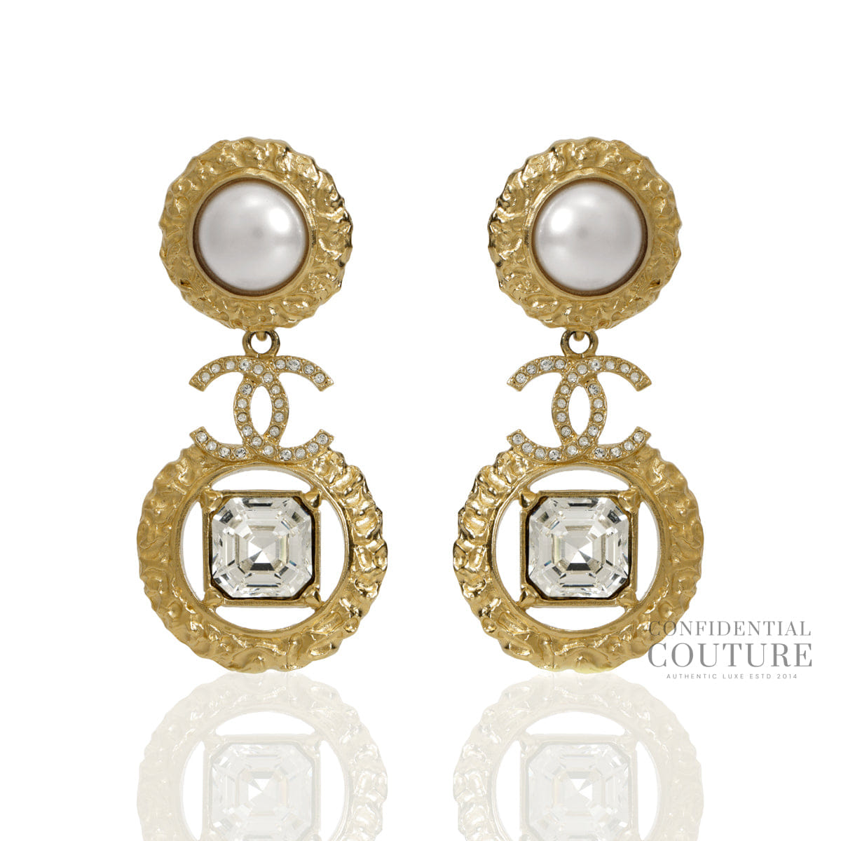 Chanel Gold Metal Crystal and Pearl CC Dangle Earrings