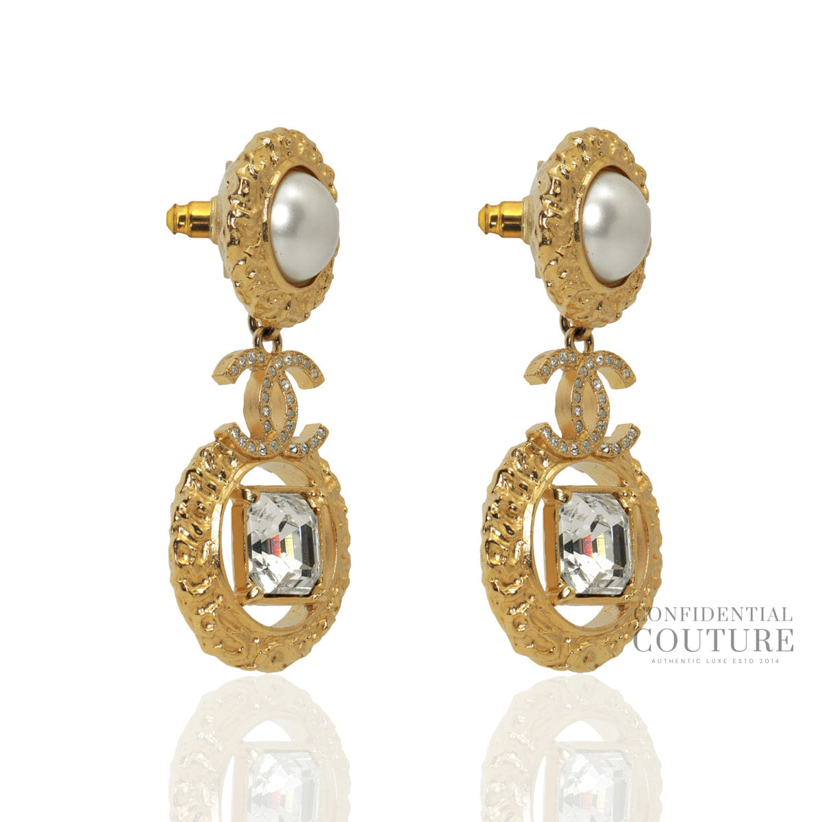 Chanel Gold Metal Crystal and Pearl CC Dangle Earrings