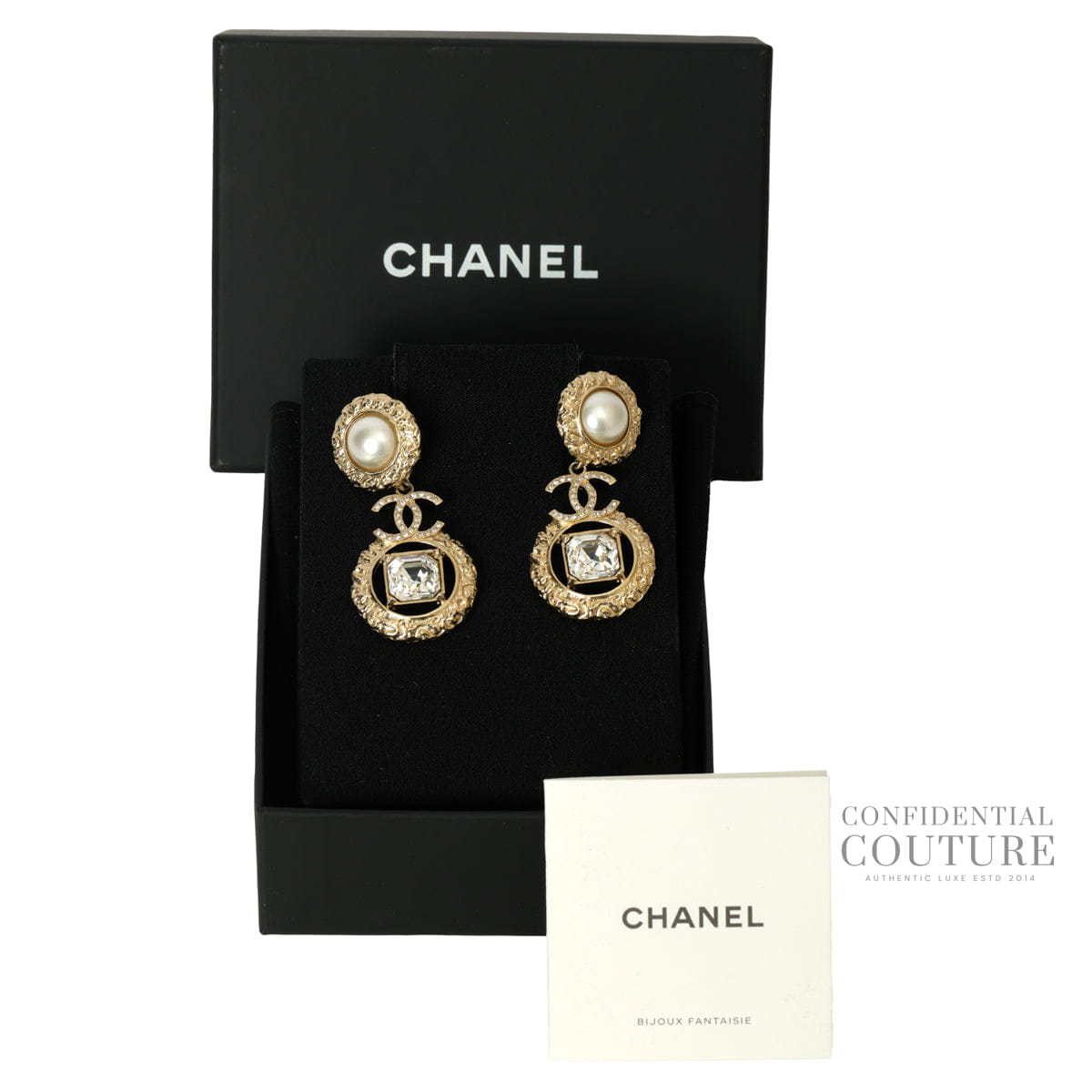 Chanel Gold Metal Crystal and Pearl CC Dangle Earrings