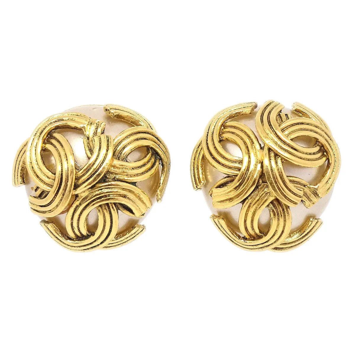 Chanel 1994 Triple CC Faux Pearl Button Earrings