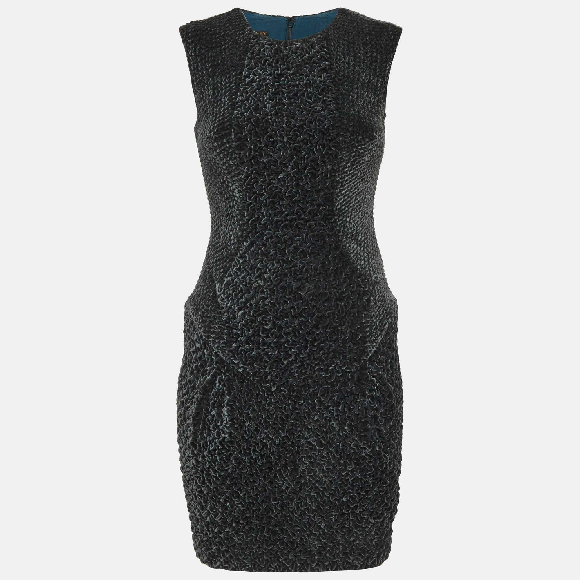 Burberry Green Velvet Smocking Textured Shift Mini Dress