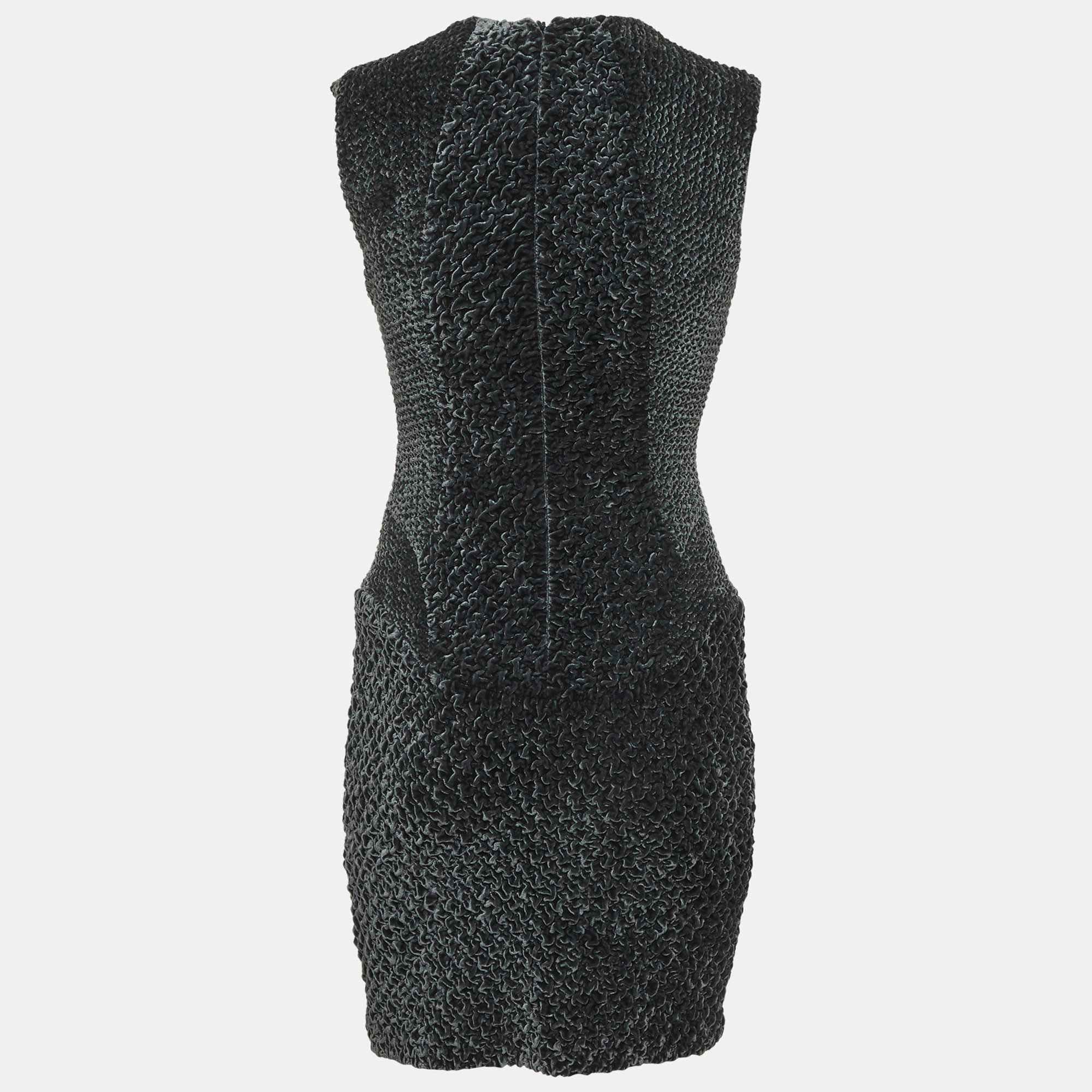 Burberry Green Velvet Smocking Textured Shift Mini Dress