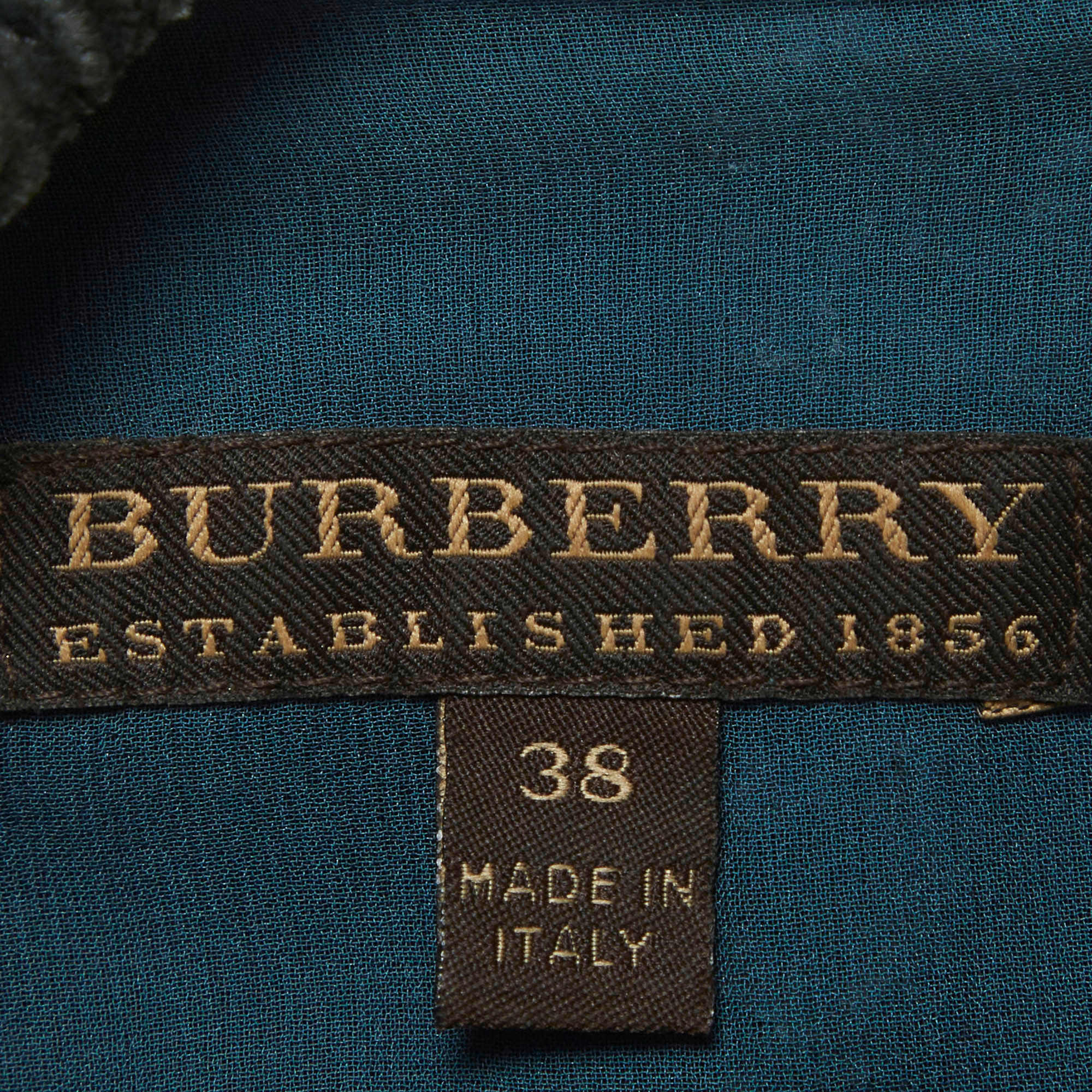 Burberry Green Velvet Smocking Textured Shift Mini Dress