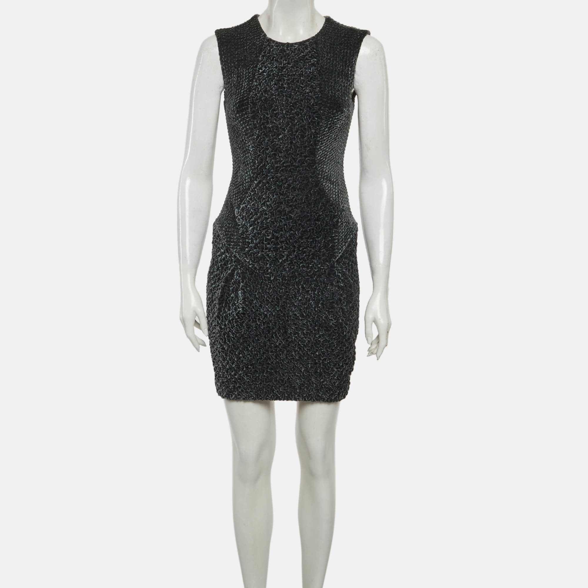Burberry Green Velvet Smocking Textured Shift Mini Dress