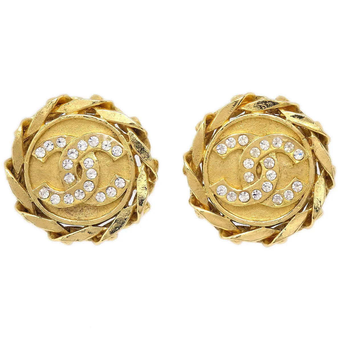 Chanel Button Rhinestone Earrings Clip - On 23 Gold