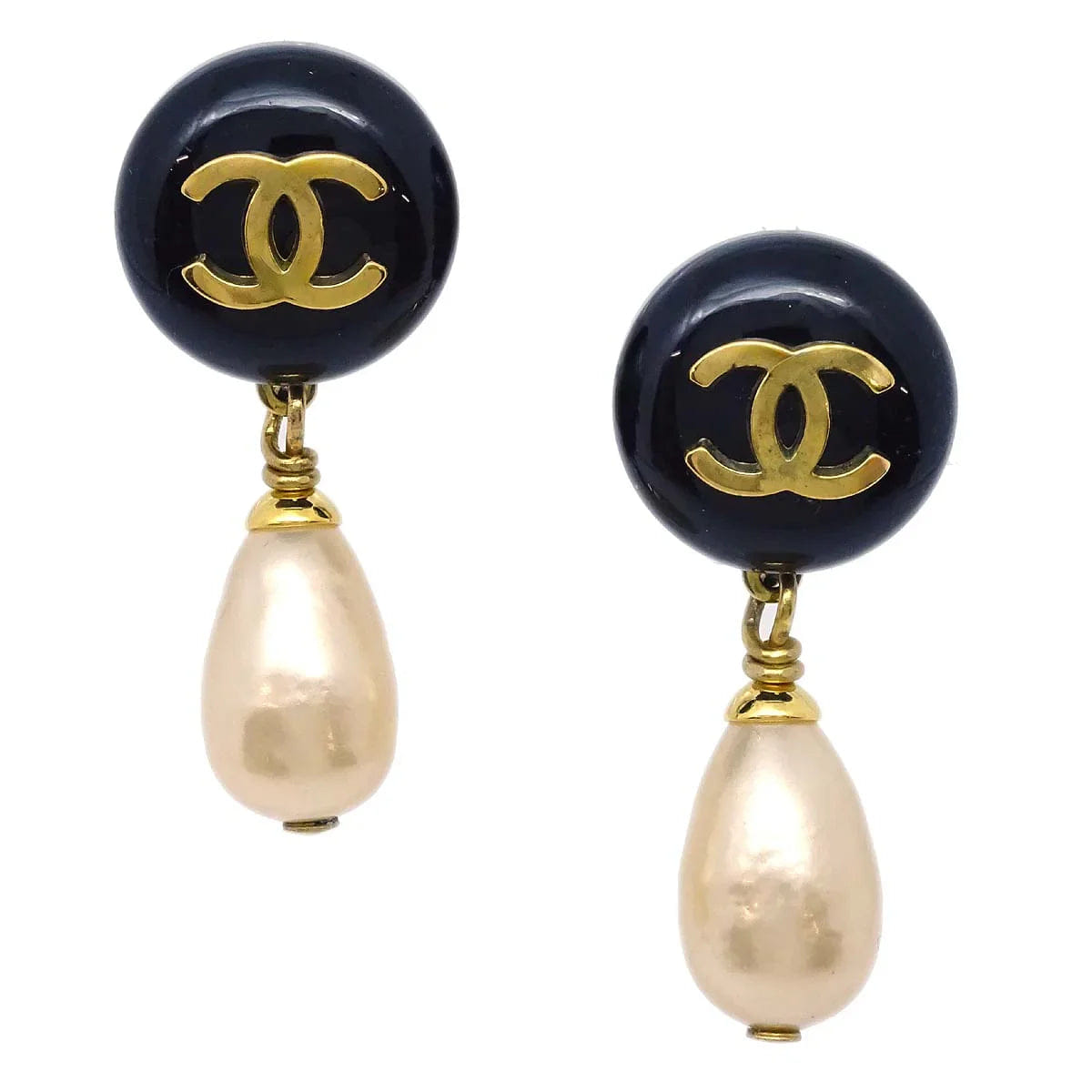 Chanel Artificial Pearl Dangle Earrings Clip - On Black 94P