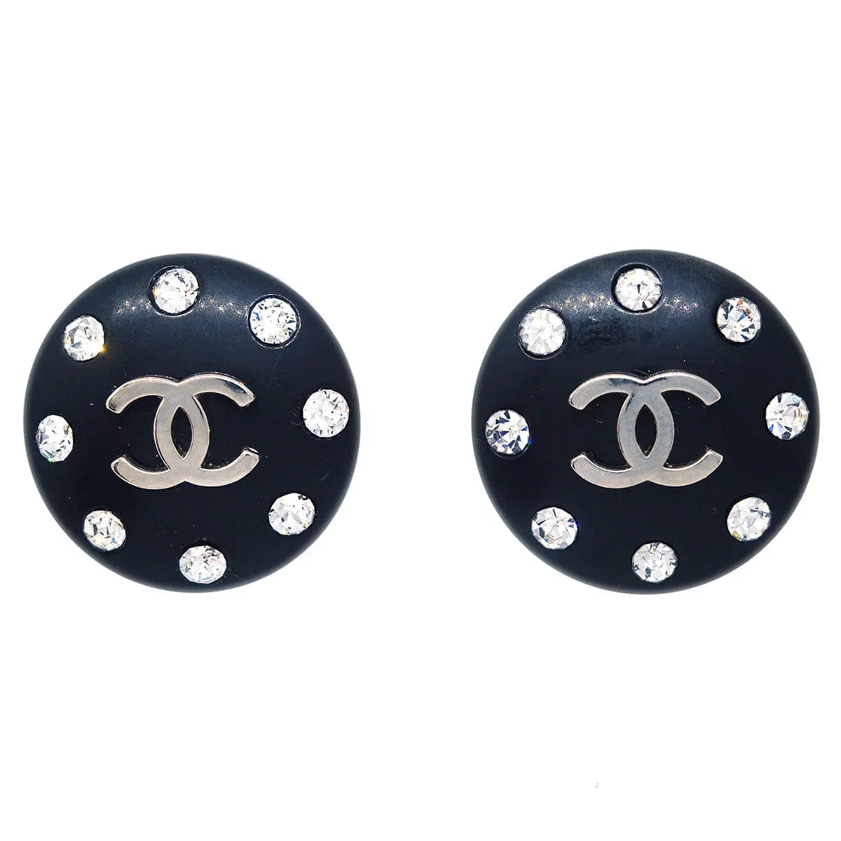 Chanel Button Earrings Clip - On Rhinestone Black 96P