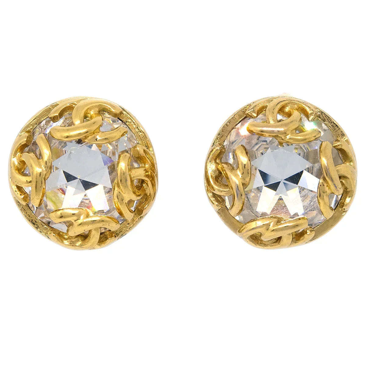 Chanel Gold Button Earrings Clip - On Rhinestone