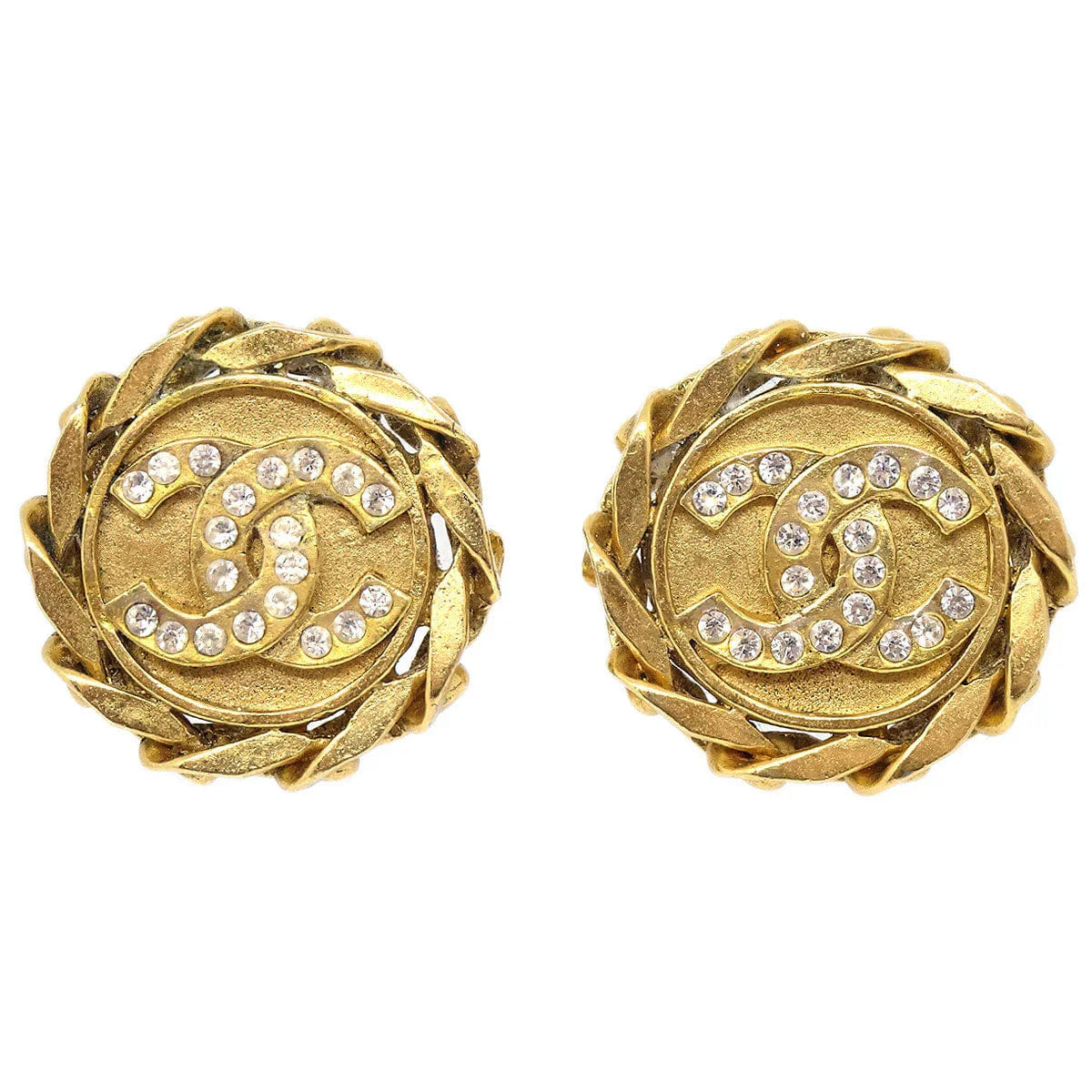 Chanel Button Rhinestone Earrings Clip - On Gold 23