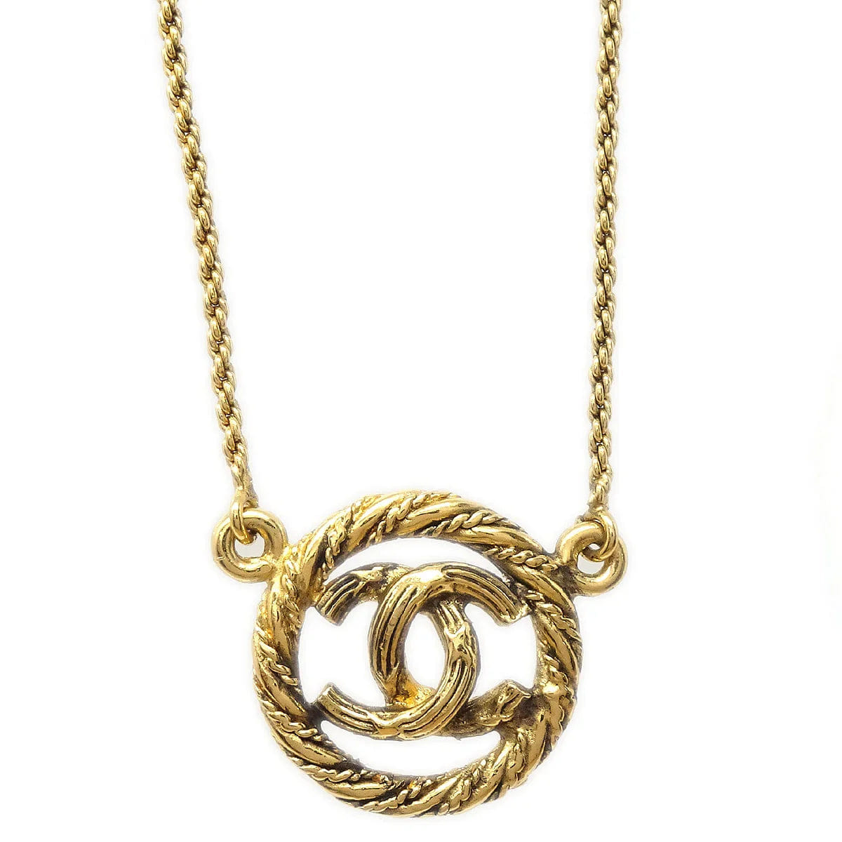 Chanel Rope Edge Circled CC Gold Chain Pendant Necklace 3622