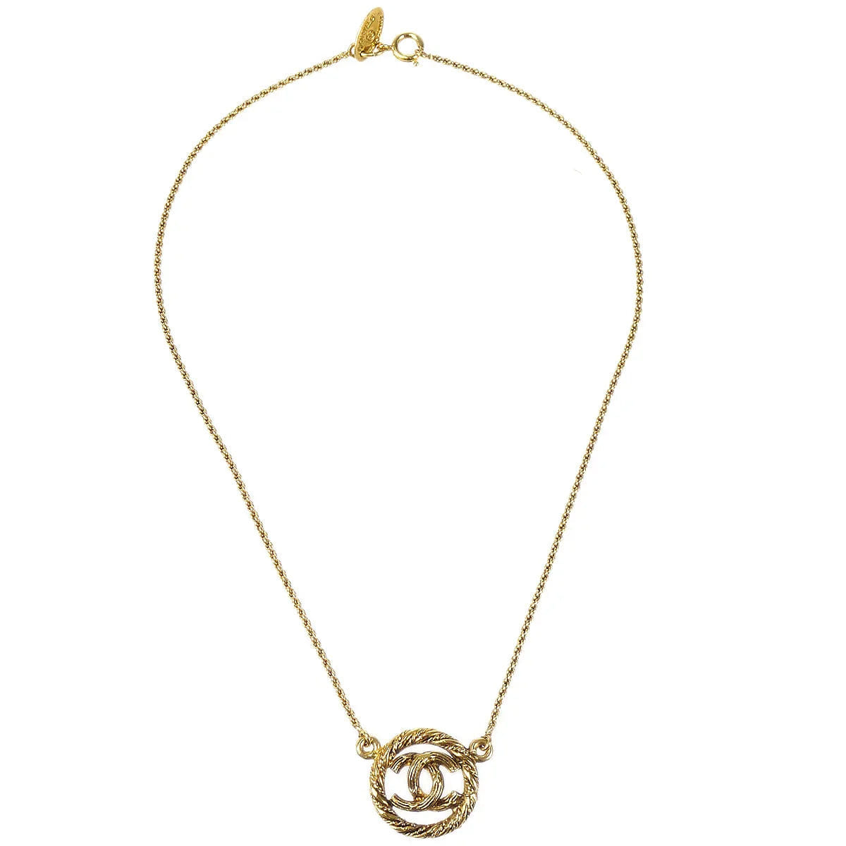 Chanel Rope Edge Circled CC Gold Chain Pendant Necklace 3622
