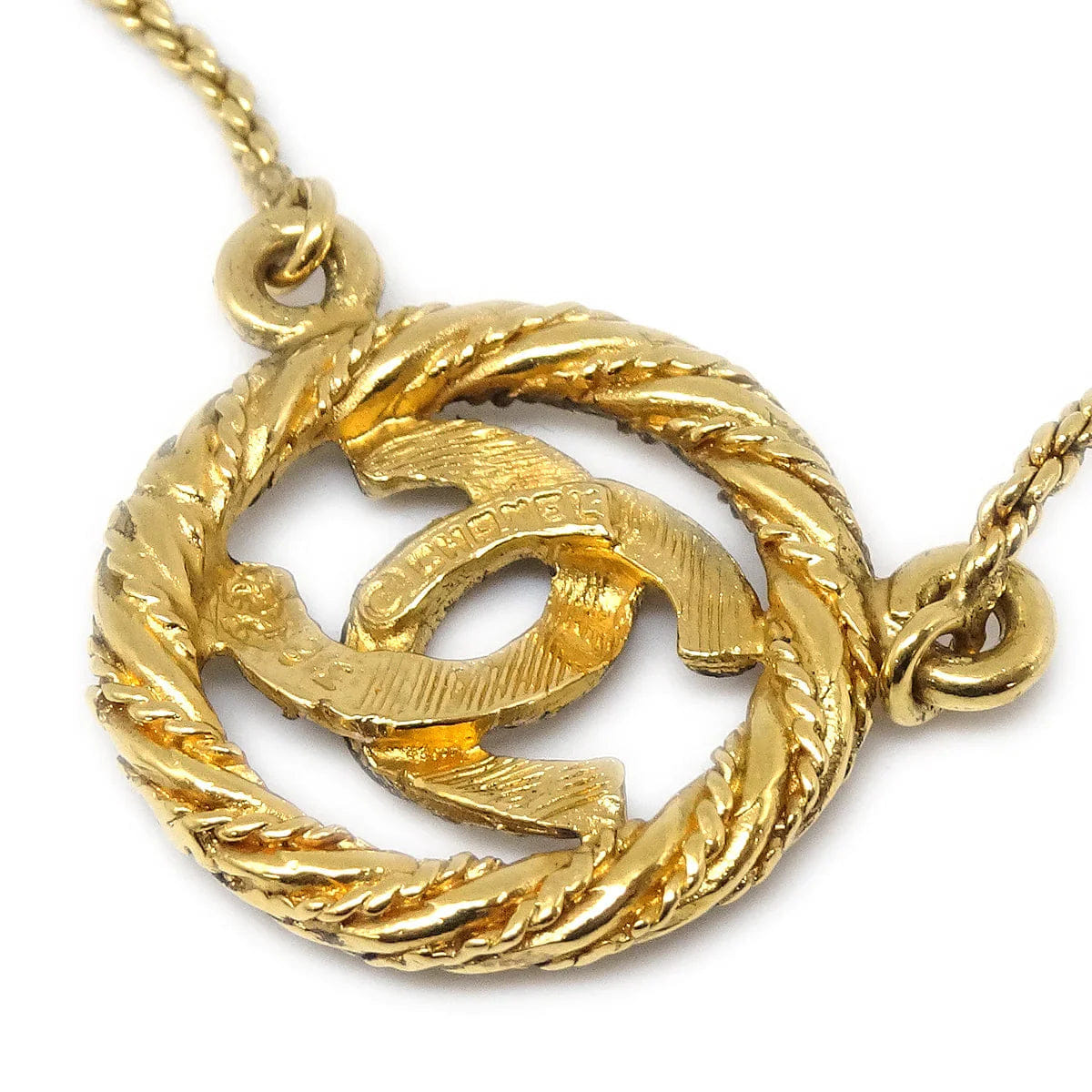 Chanel Rope Edge Circled CC Gold Chain Pendant Necklace 3622