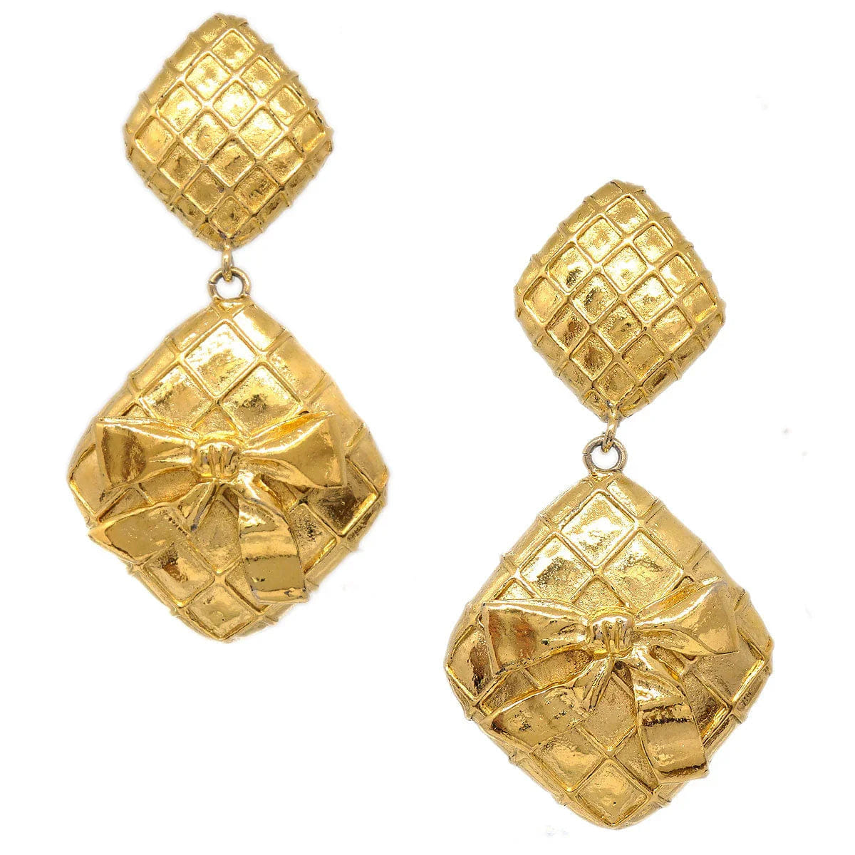Chanel 1980s Bow Dangling Earrings Clip - On Gold