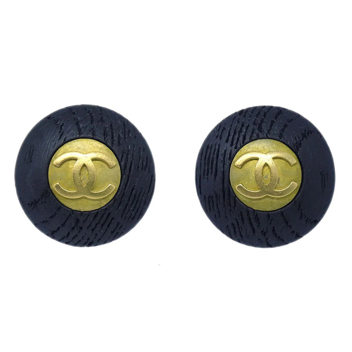 Chanel 1994 Black Wooden Gold CC Earrings