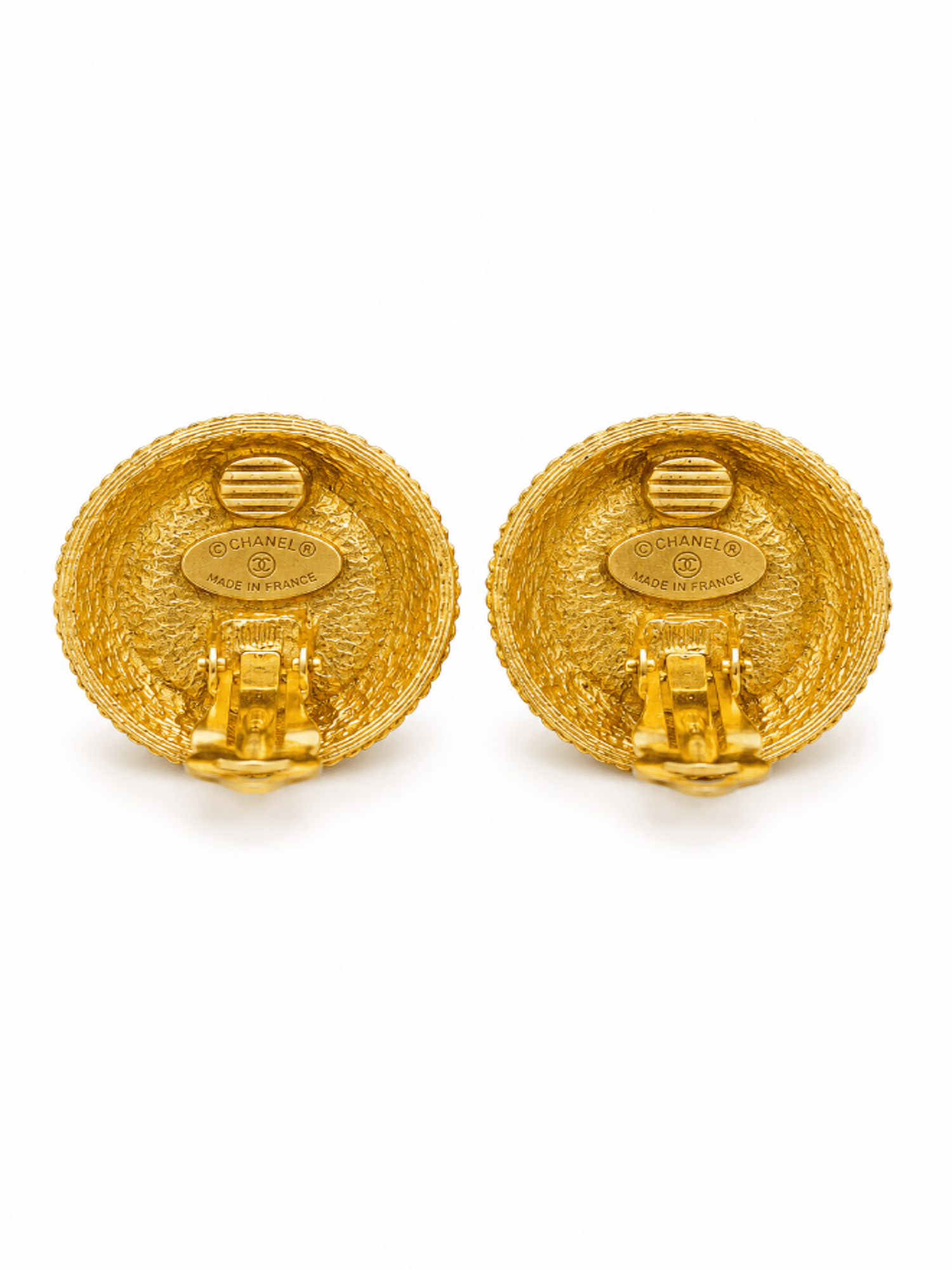 Chanel Vintage 24K Pearl Medallion Clip On Earrings Ivory