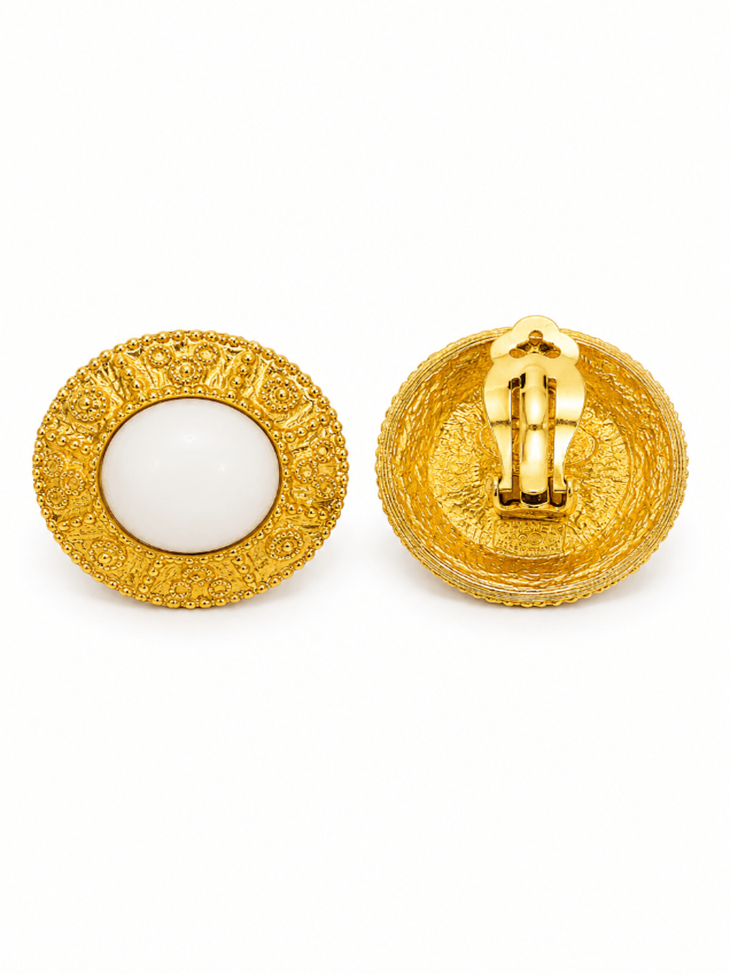 Chanel Vintage 24K Pearl Medallion Clip On Earrings Ivory