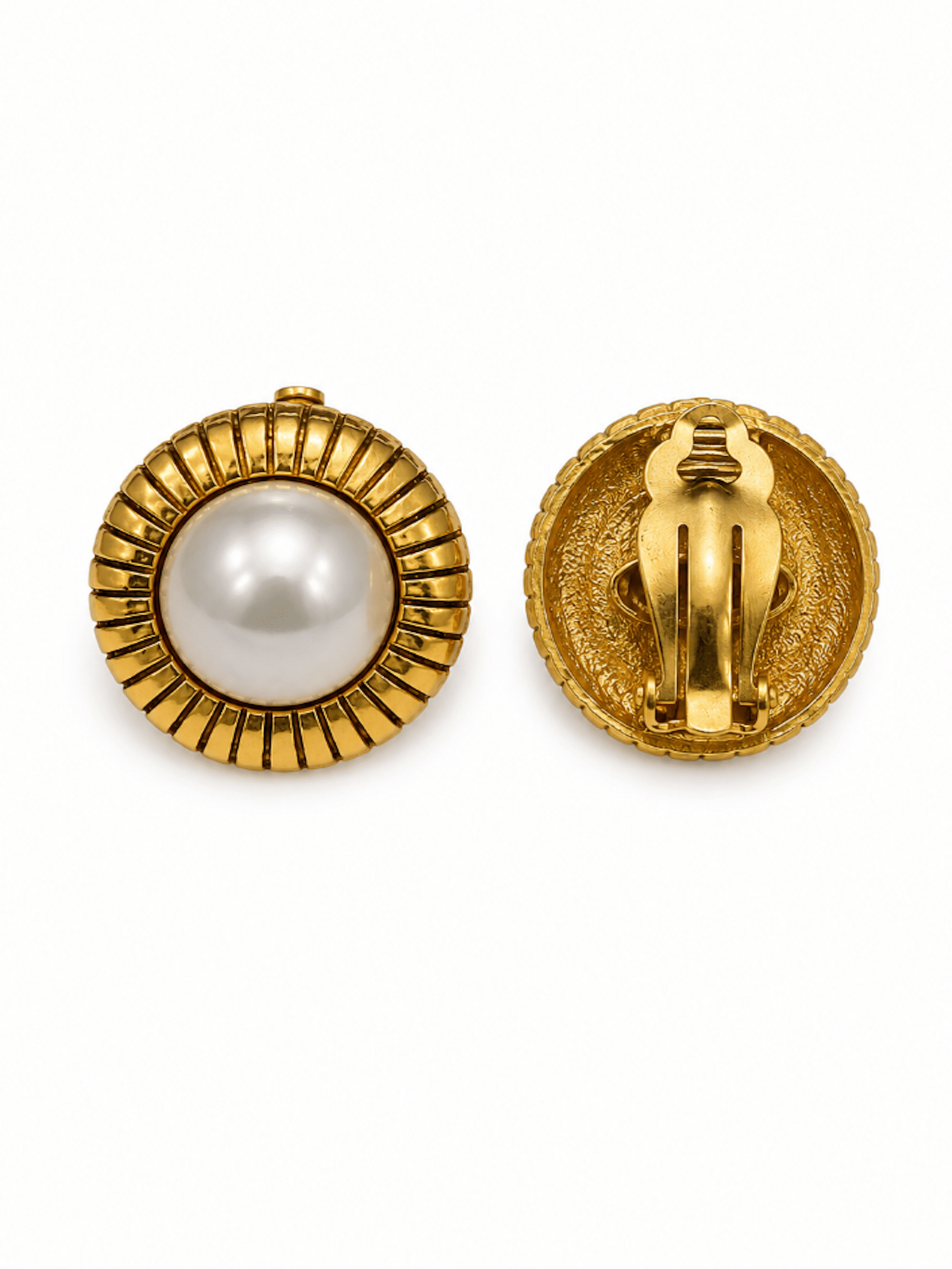 Chanel Vintage 24K Pearl Clip On Sun Earrings Ivory