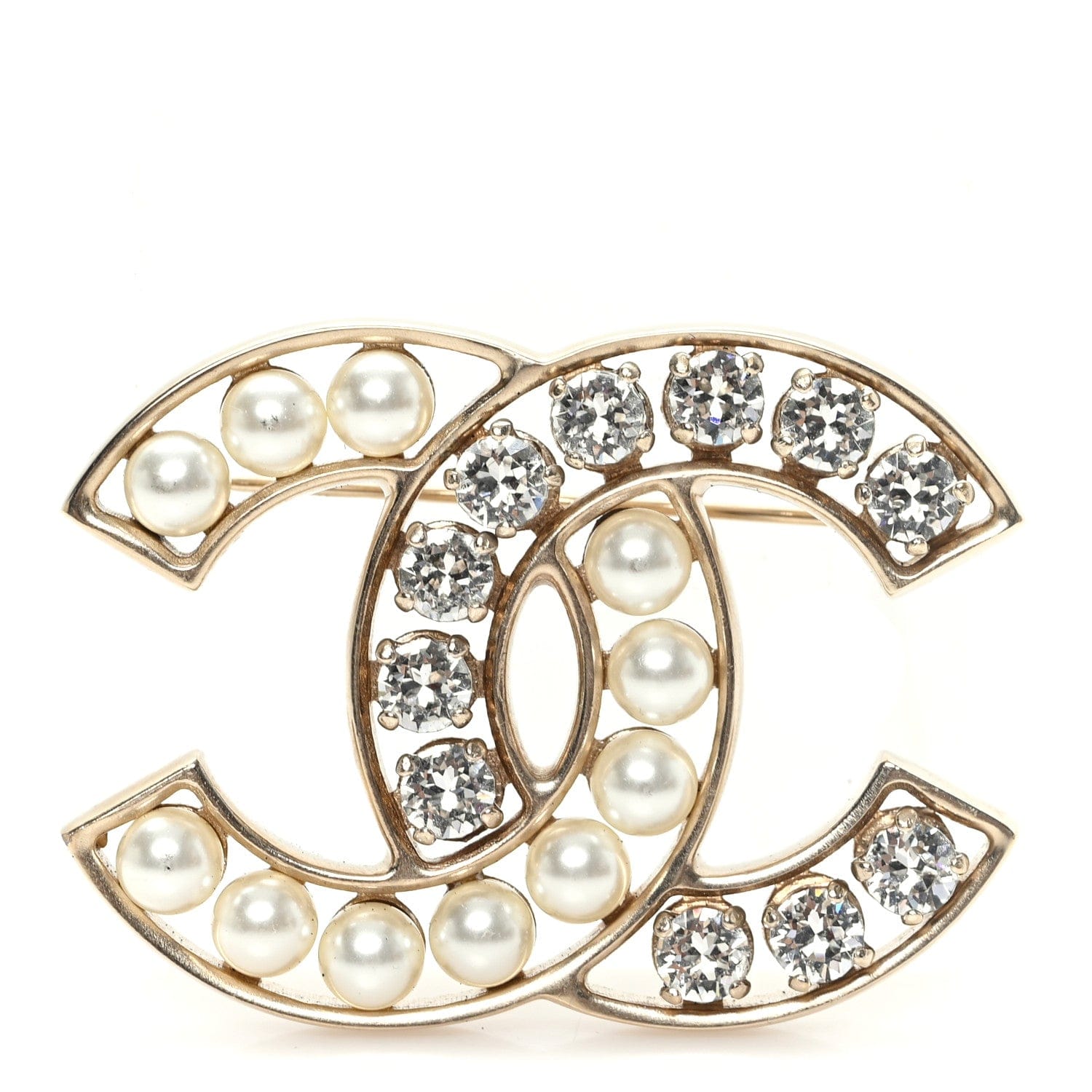 Chanel Pearl Crystal CC Brooch Gold Pearly White