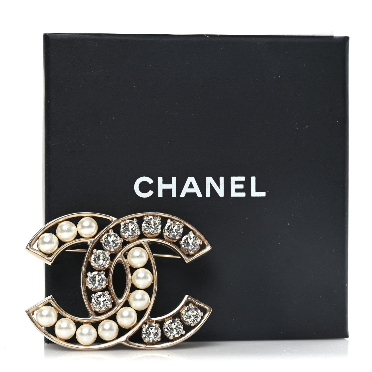 Chanel Pearl Crystal CC Brooch Gold Pearly White