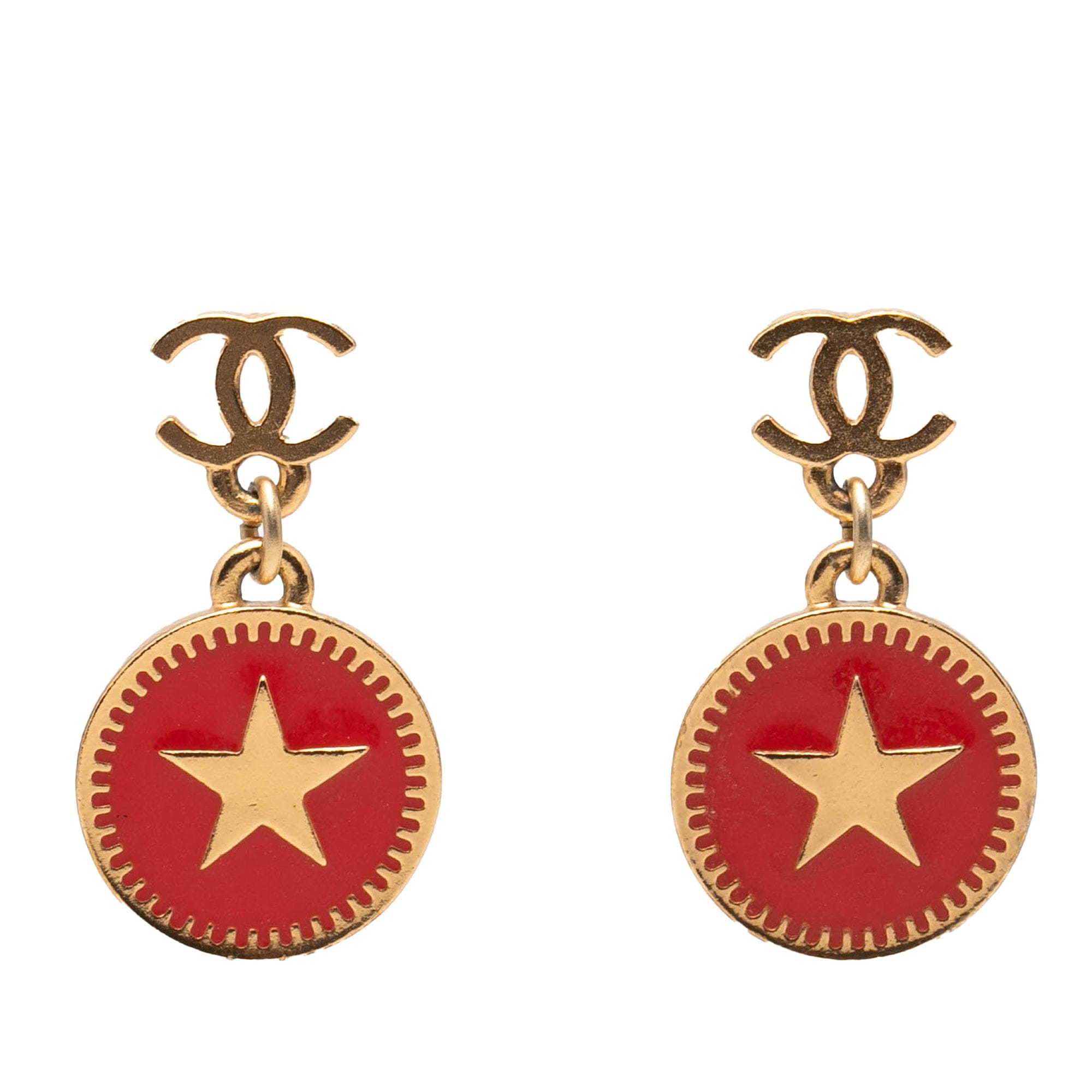 Chanel CC Gold Plated Enamel Star Dangling Push Back Earrings