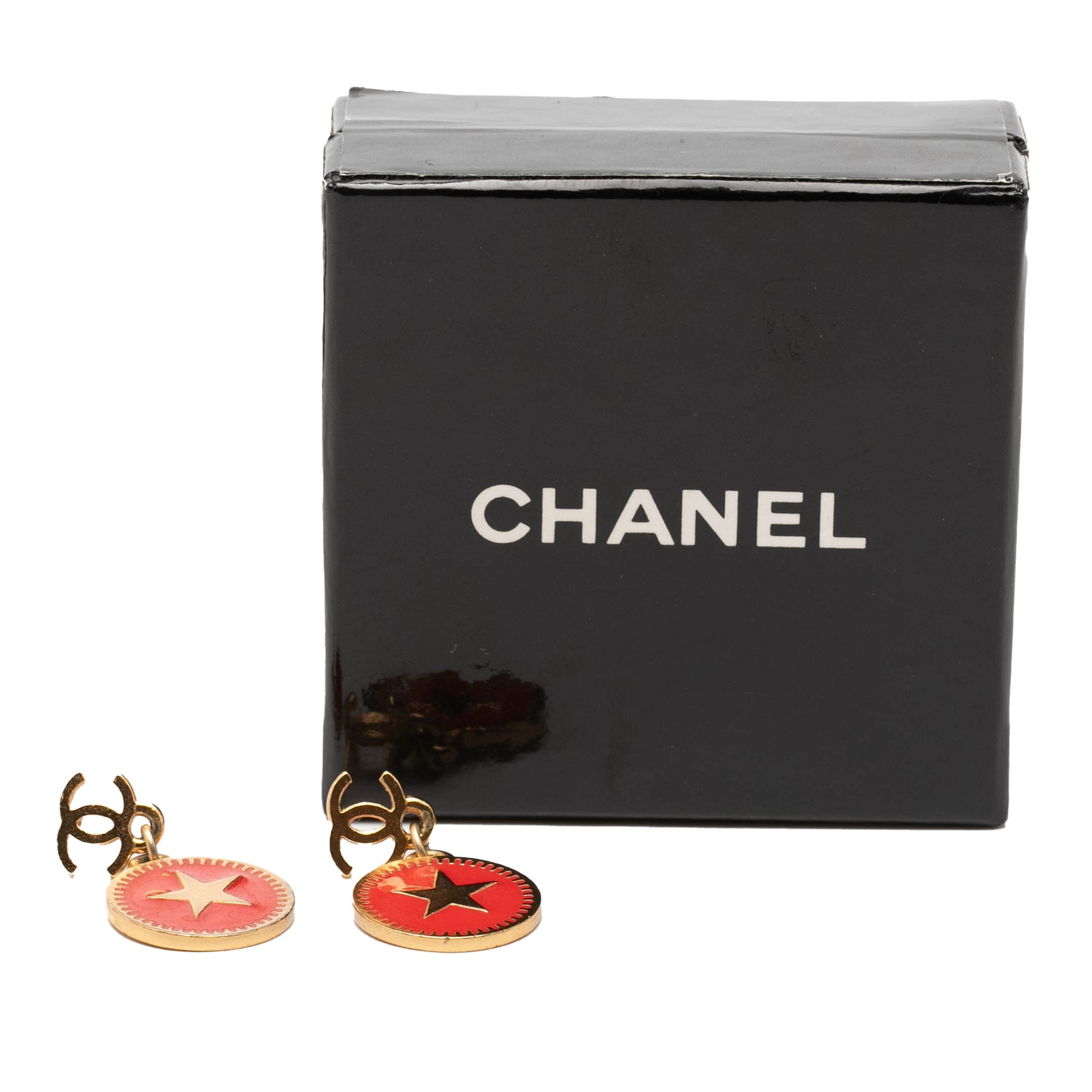 Chanel CC Gold Plated Enamel Star Dangling Push Back Earrings