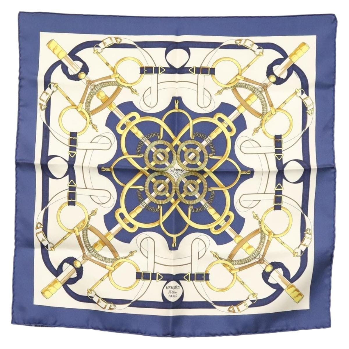 Hermes Carre 40 Scarf ""Eperon d’or"" Silk Blue Auth am8969