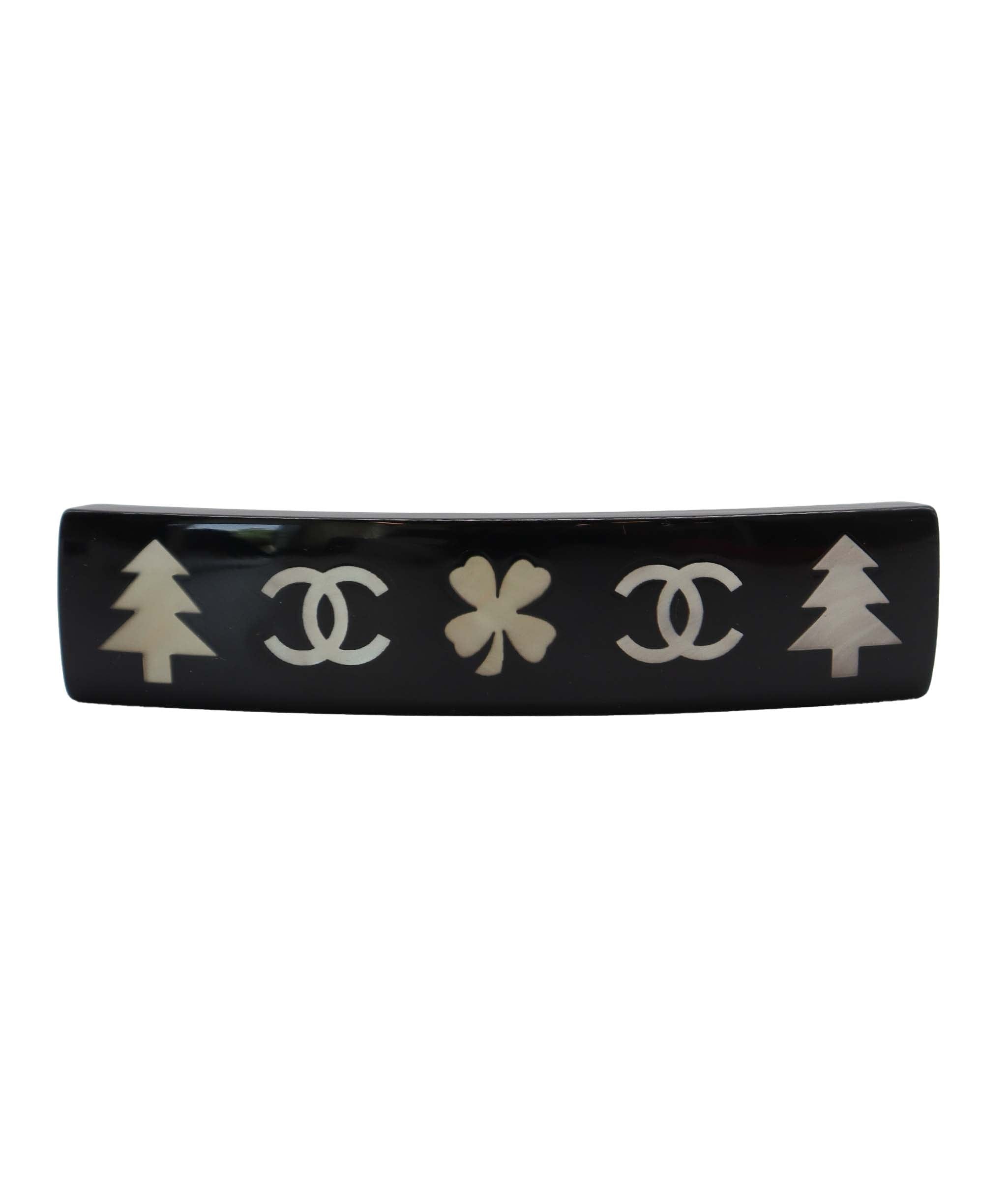 Chanel Vintage Black Resin Hair Barette Clover / Pine 03A SKC2058