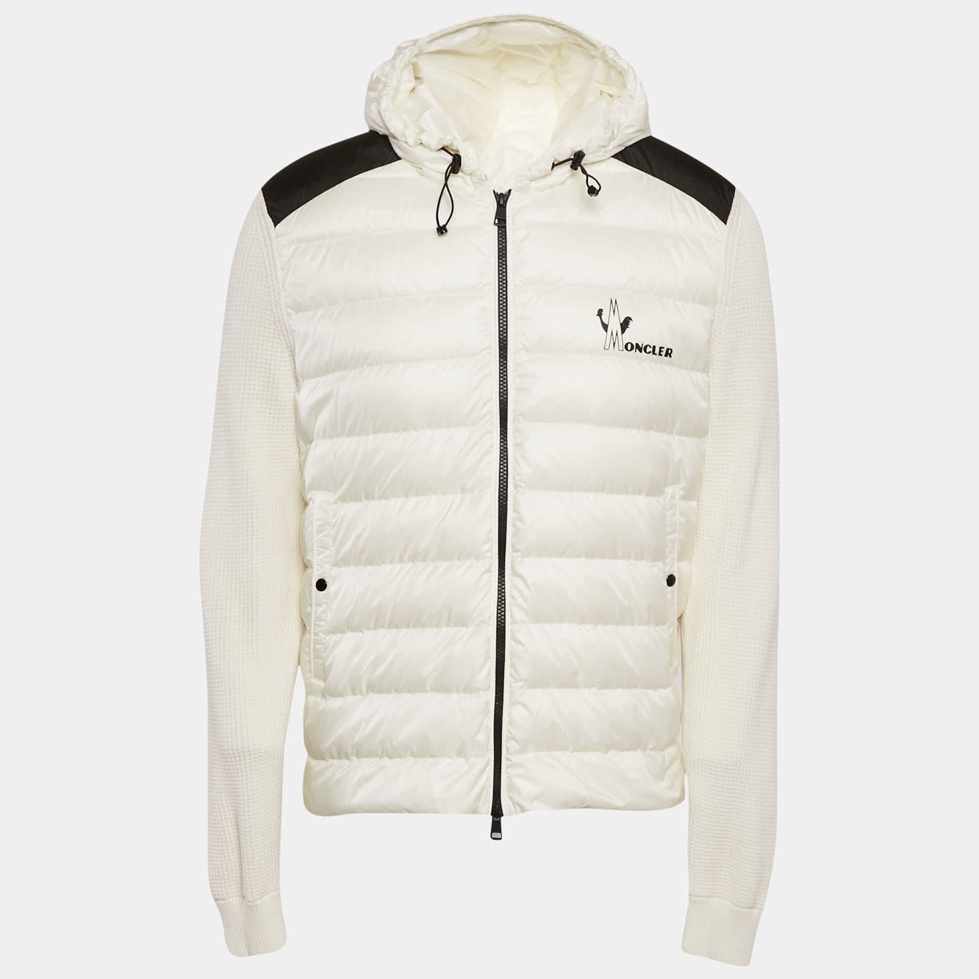 Moncler White Logo Print Cotton Knit And Quilted Nylon Down Jacket