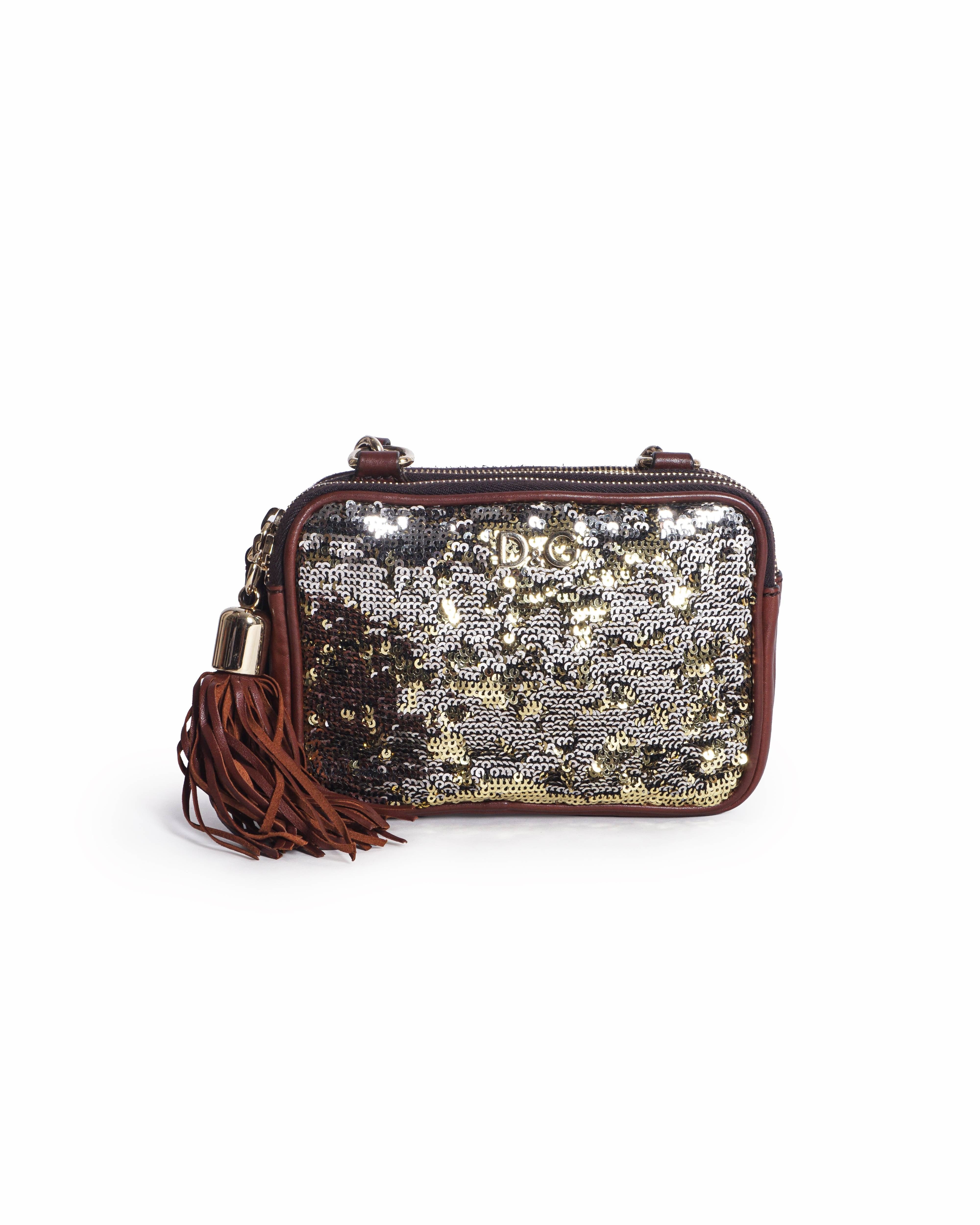 Dolce & Gabbana Lily Glam Sequin & Brown Leather Camera Crossbody Bag