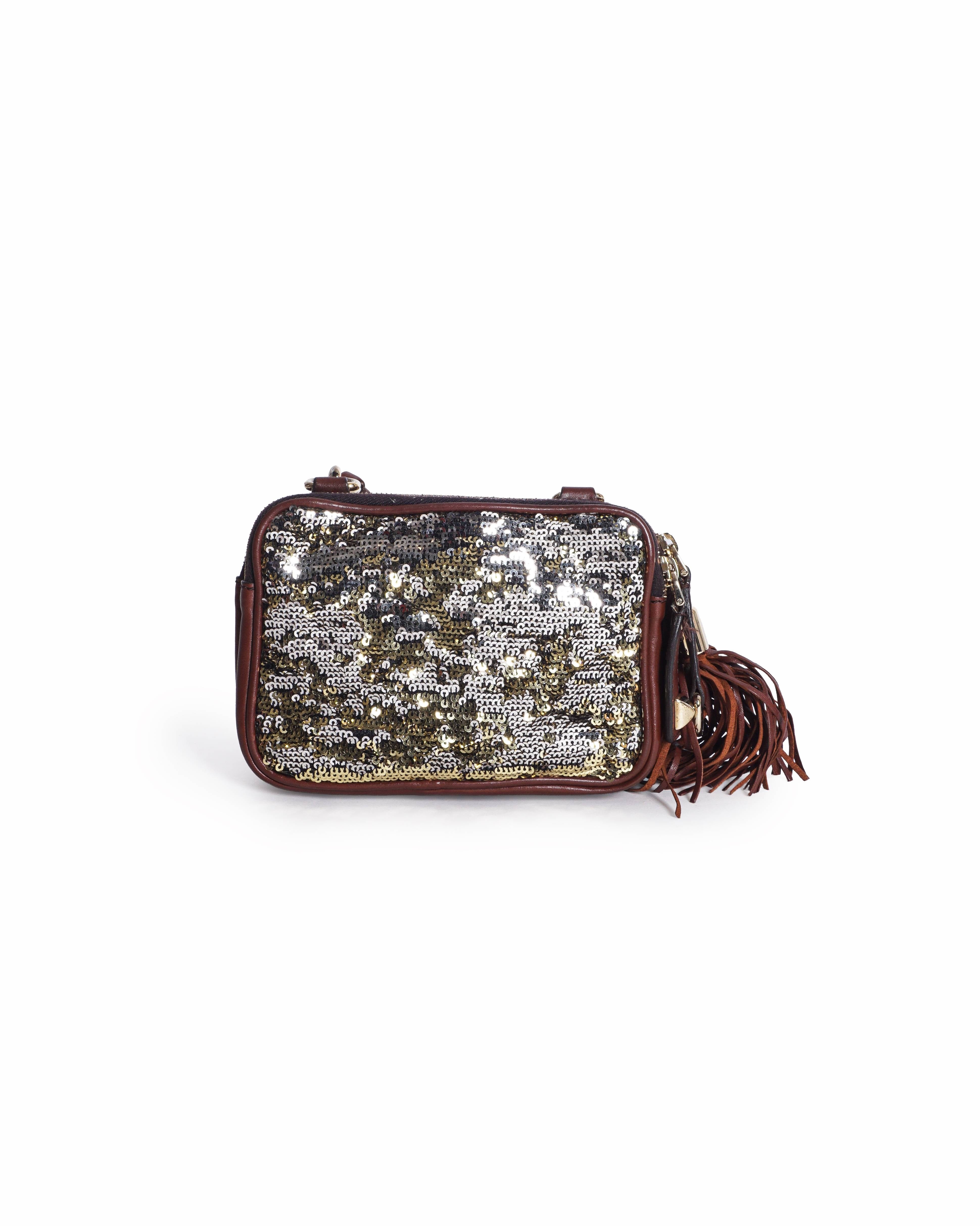 Dolce & Gabbana Lily Glam Sequin & Brown Leather Camera Crossbody Bag