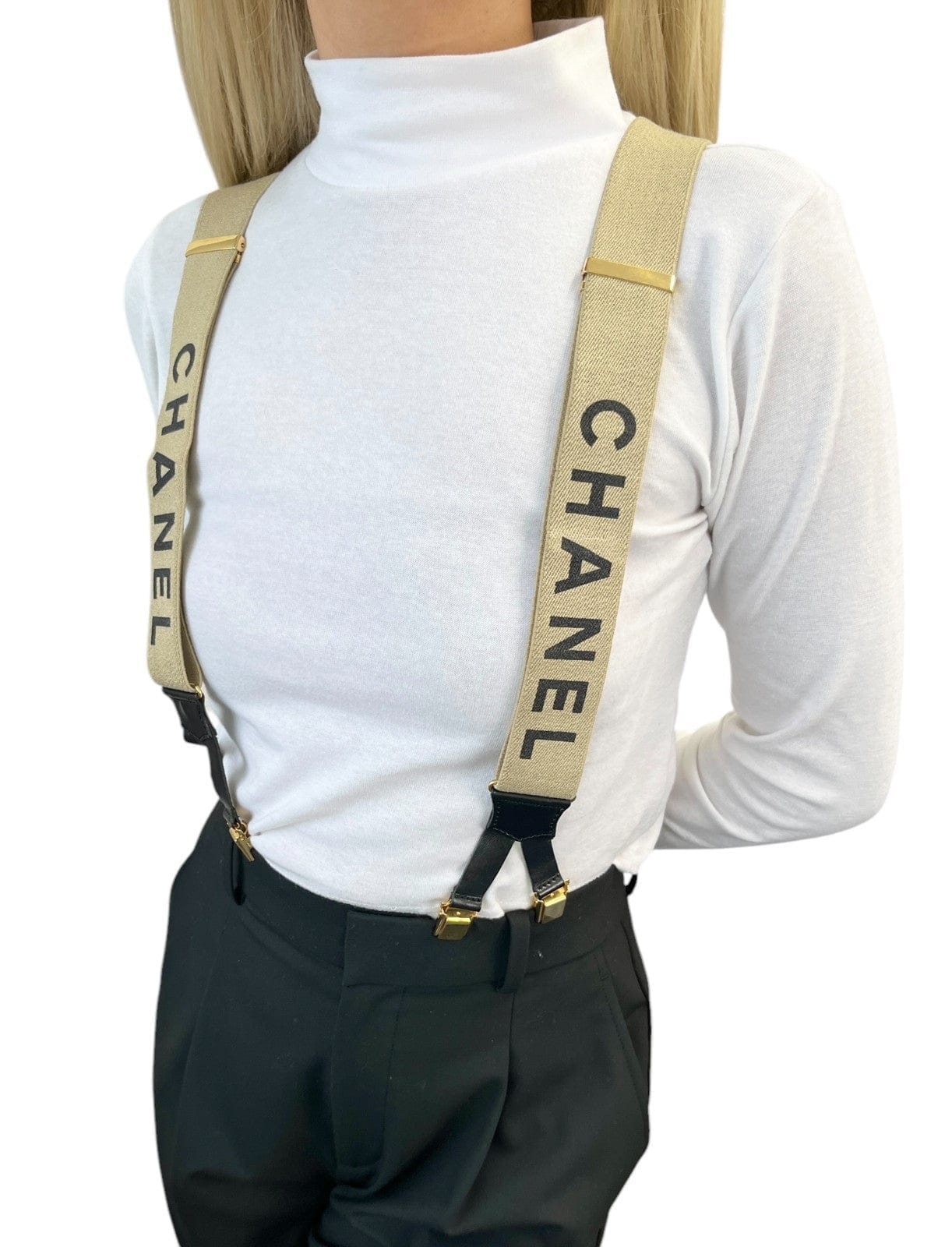CHANEL Vintage 1994 CC Logo Letter Suspender Belt Beige Black Cotton Leather